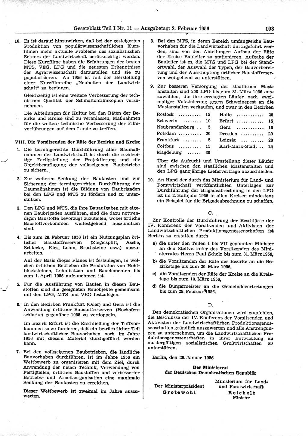 Gesetzblatt (GBl.) der Deutschen Demokratischen Republik (DDR) Teil Ⅰ 1956, Seite 103 (GBl. DDR Ⅰ 1956, S. 103)