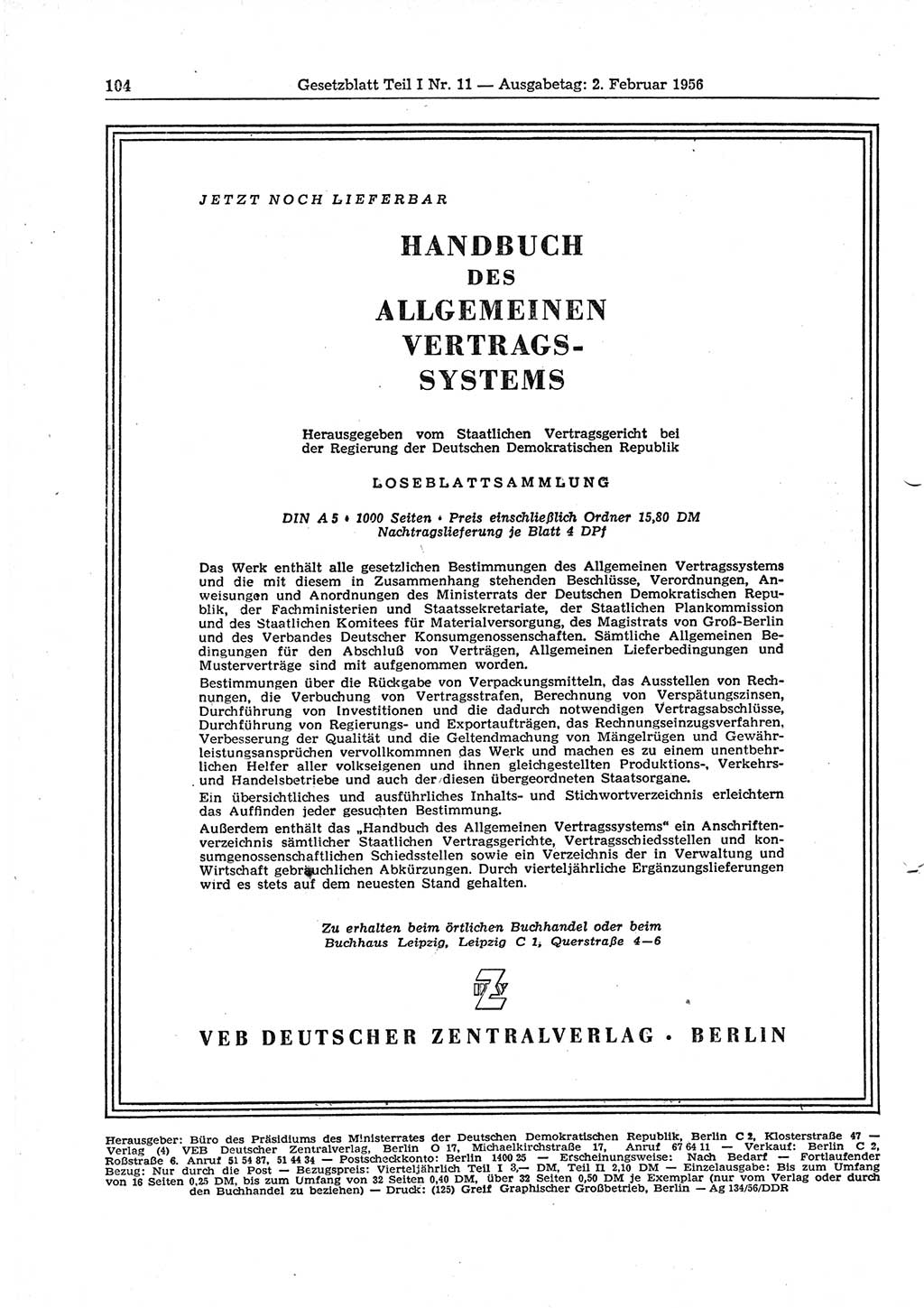 Gesetzblatt (GBl.) der Deutschen Demokratischen Republik (DDR) Teil Ⅰ 1956, Seite 104 (GBl. DDR Ⅰ 1956, S. 104)