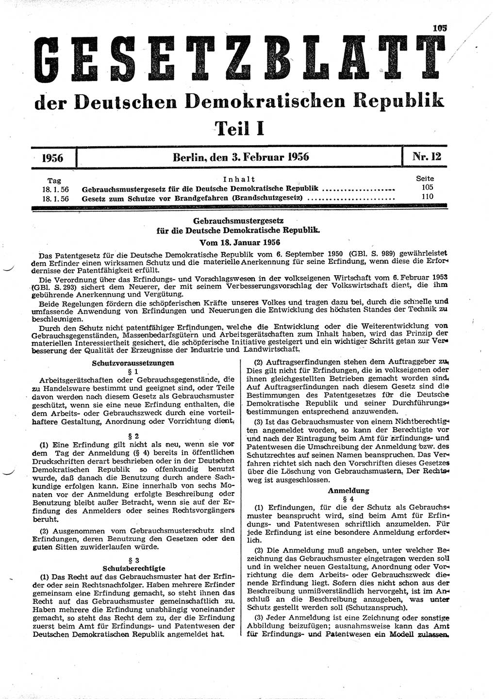 Gesetzblatt (GBl.) der Deutschen Demokratischen Republik (DDR) Teil Ⅰ 1956, Seite 105 (GBl. DDR Ⅰ 1956, S. 105)