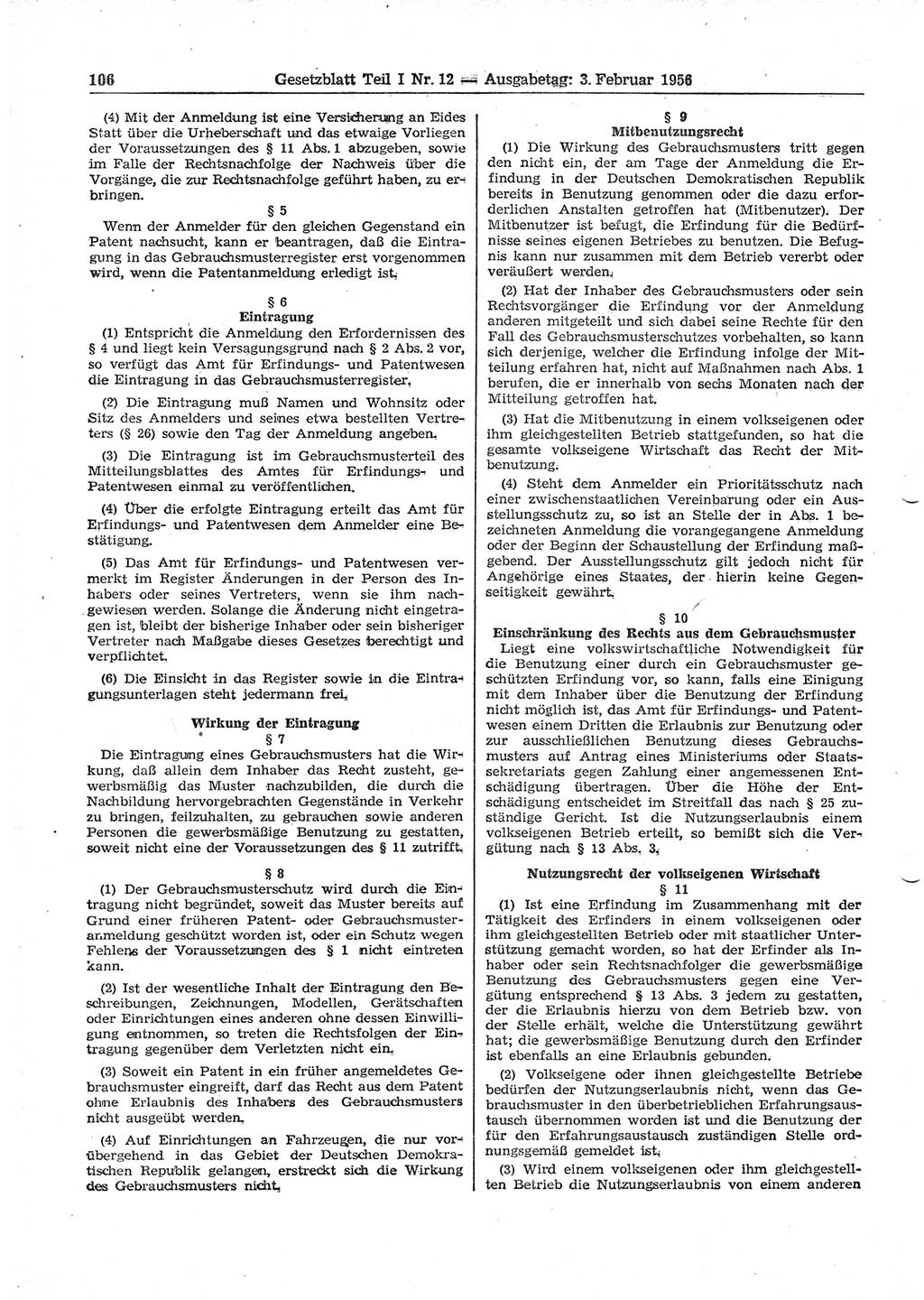 Gesetzblatt (GBl.) der Deutschen Demokratischen Republik (DDR) Teil â… 1956, Seite 106 (GBl. DDR â… 1956, S. 106)