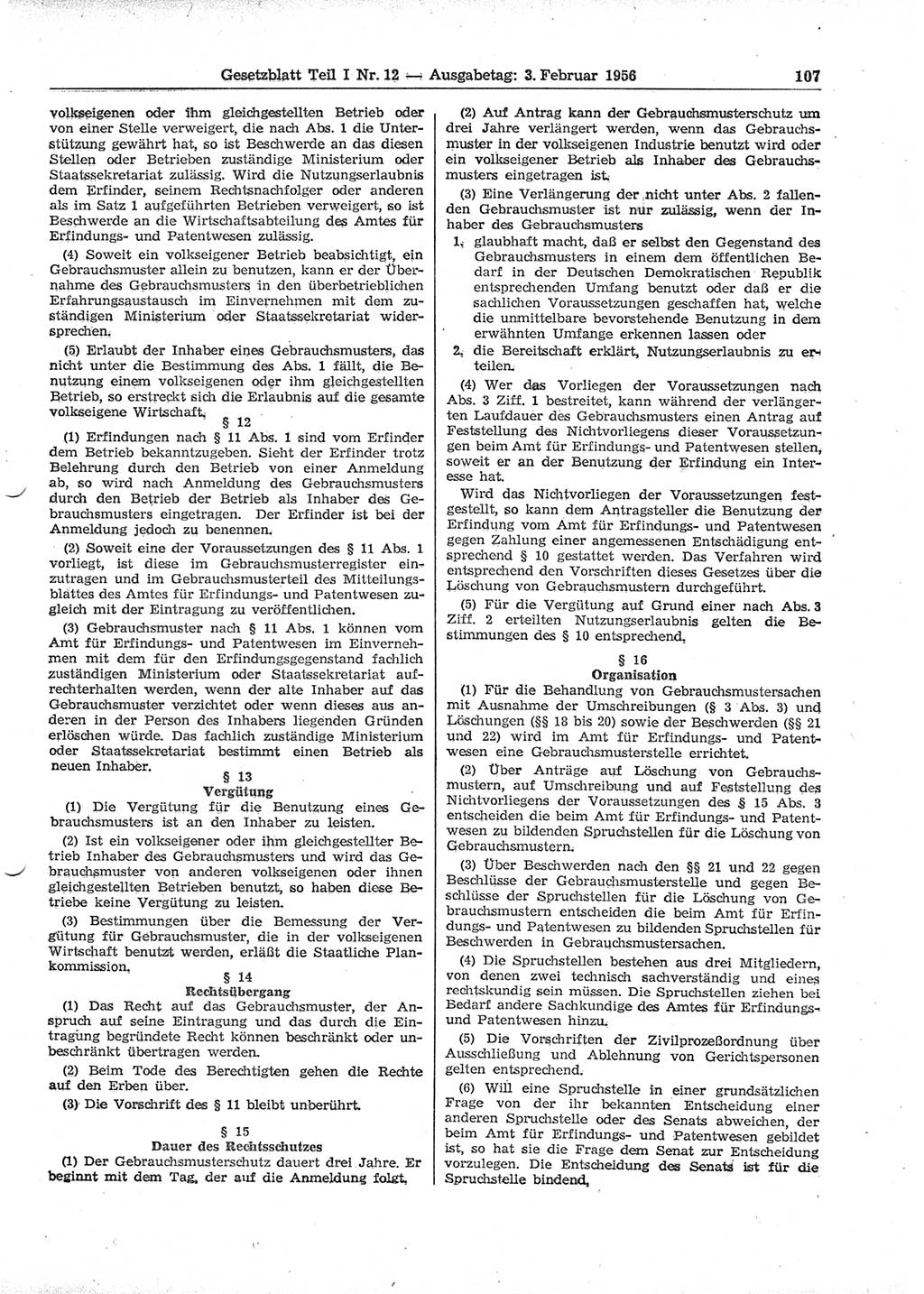 Gesetzblatt (GBl.) der Deutschen Demokratischen Republik (DDR) Teil Ⅰ 1956, Seite 107 (GBl. DDR Ⅰ 1956, S. 107)