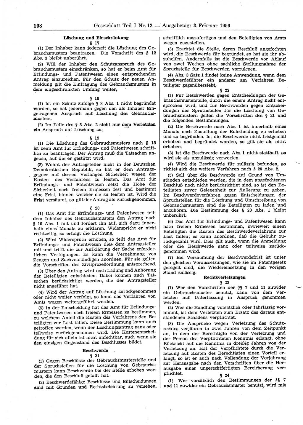 Gesetzblatt (GBl.) der Deutschen Demokratischen Republik (DDR) Teil Ⅰ 1956, Seite 108 (GBl. DDR Ⅰ 1956, S. 108)