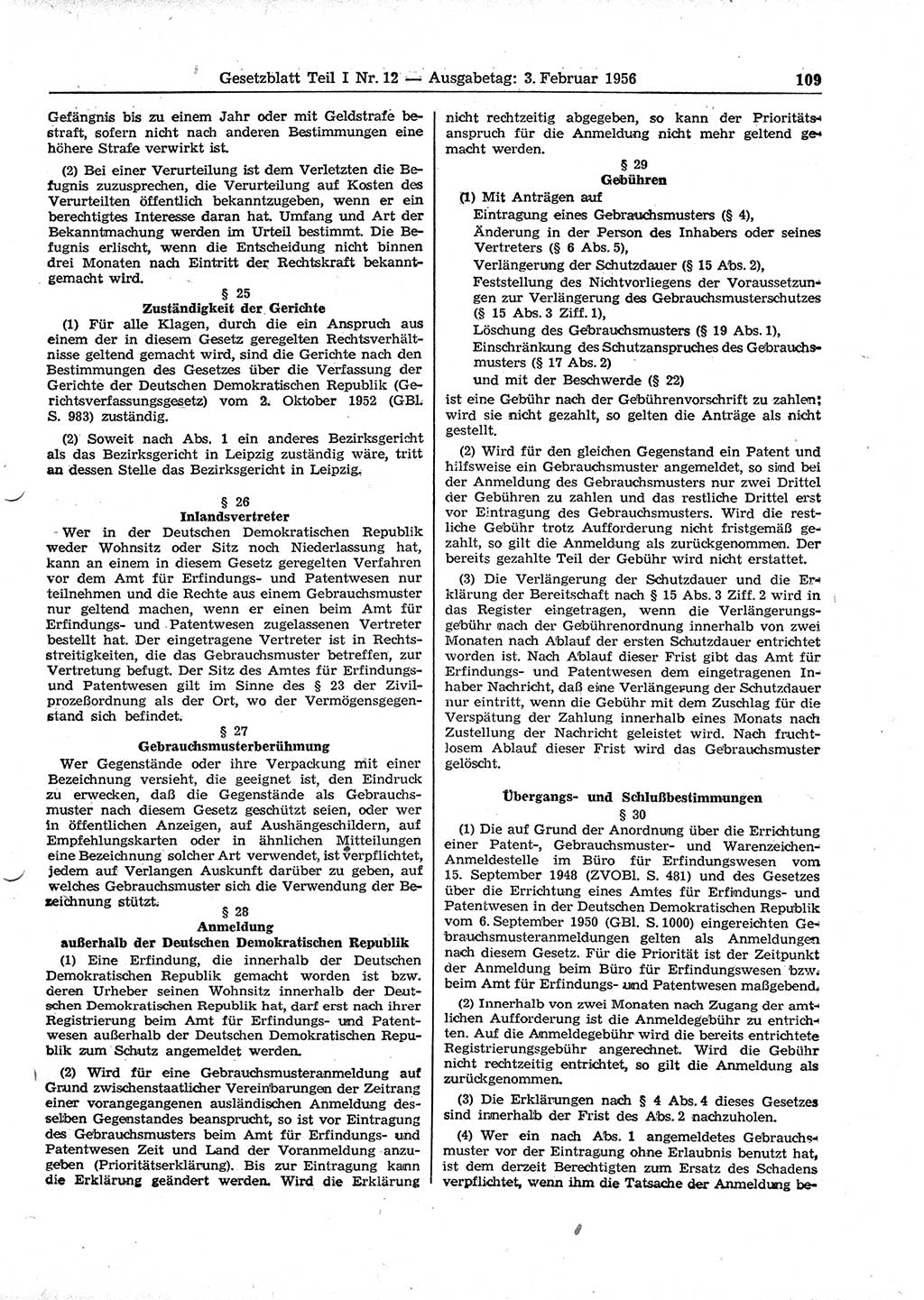 Gesetzblatt (GBl.) der Deutschen Demokratischen Republik (DDR) Teil Ⅰ 1956, Seite 109 (GBl. DDR Ⅰ 1956, S. 109)