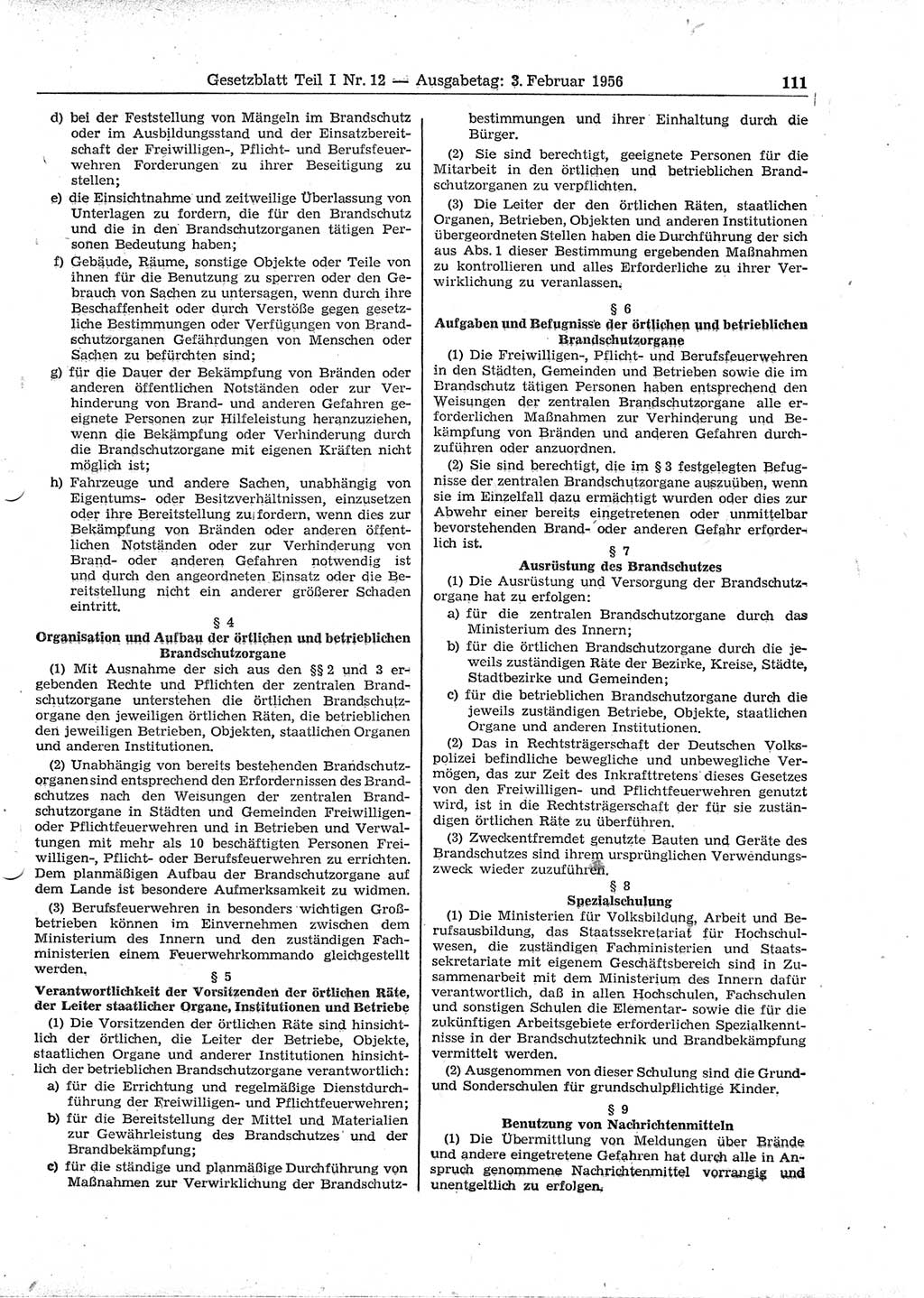 Gesetzblatt (GBl.) der Deutschen Demokratischen Republik (DDR) Teil Ⅰ 1956, Seite 111 (GBl. DDR Ⅰ 1956, S. 111)