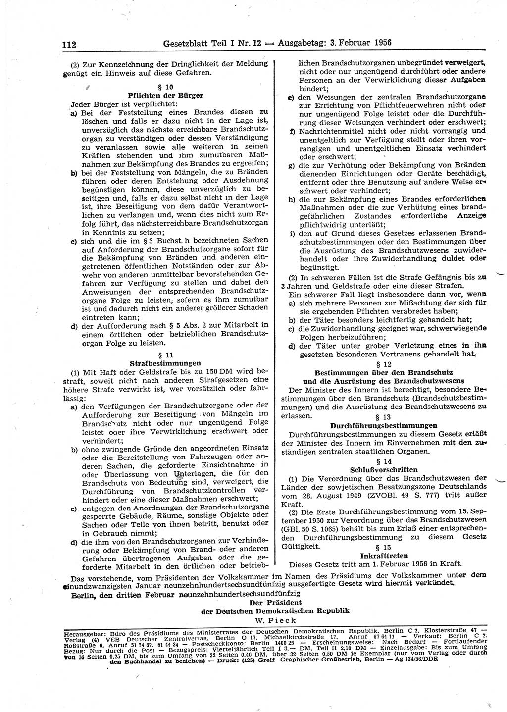 Gesetzblatt (GBl.) der Deutschen Demokratischen Republik (DDR) Teil Ⅰ 1956, Seite 112 (GBl. DDR Ⅰ 1956, S. 112)