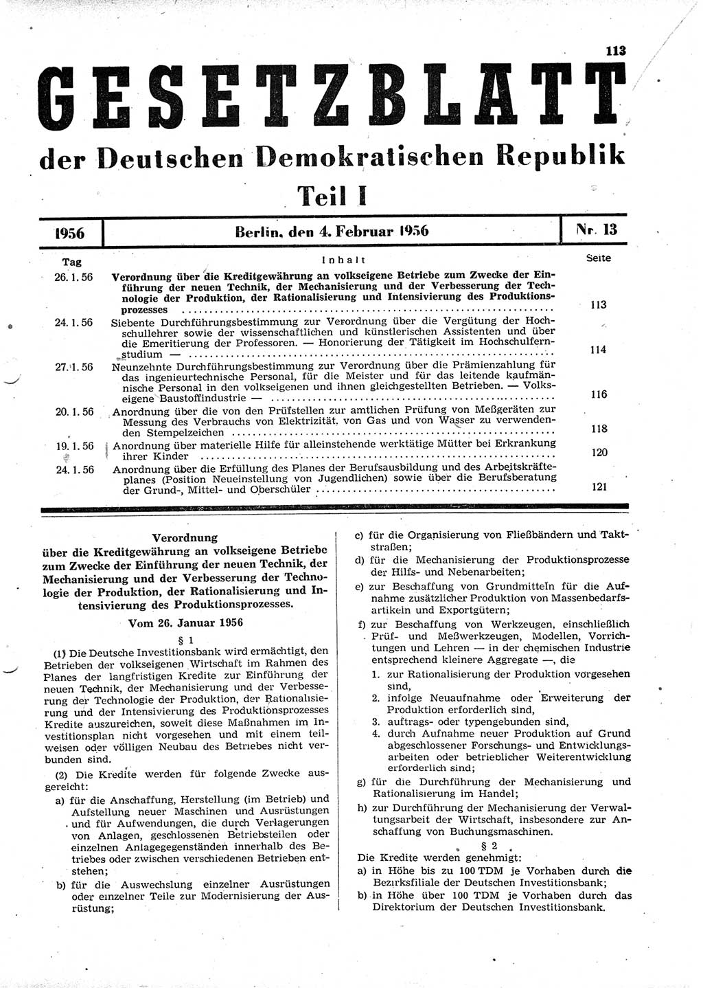 Gesetzblatt (GBl.) der Deutschen Demokratischen Republik (DDR) Teil Ⅰ 1956, Seite 113 (GBl. DDR Ⅰ 1956, S. 113)