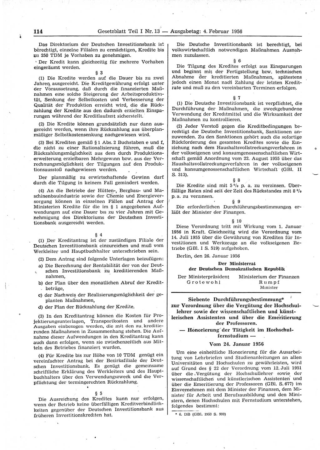 Gesetzblatt (GBl.) der Deutschen Demokratischen Republik (DDR) Teil Ⅰ 1956, Seite 114 (GBl. DDR Ⅰ 1956, S. 114)