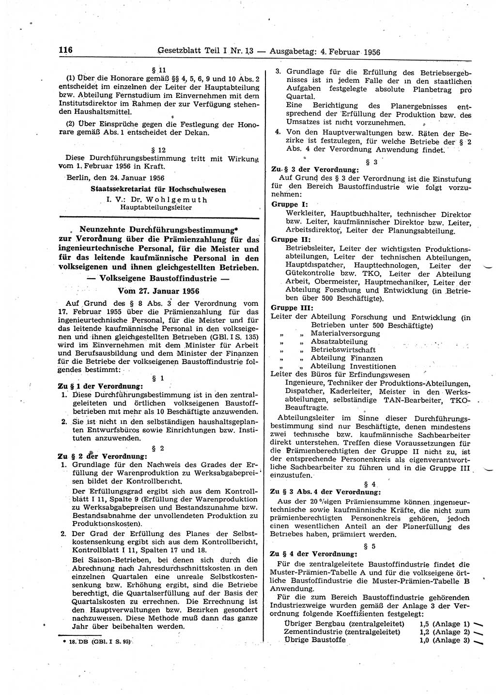 Gesetzblatt (GBl.) der Deutschen Demokratischen Republik (DDR) Teil â… 1956, Seite 116 (GBl. DDR â… 1956, S. 116)