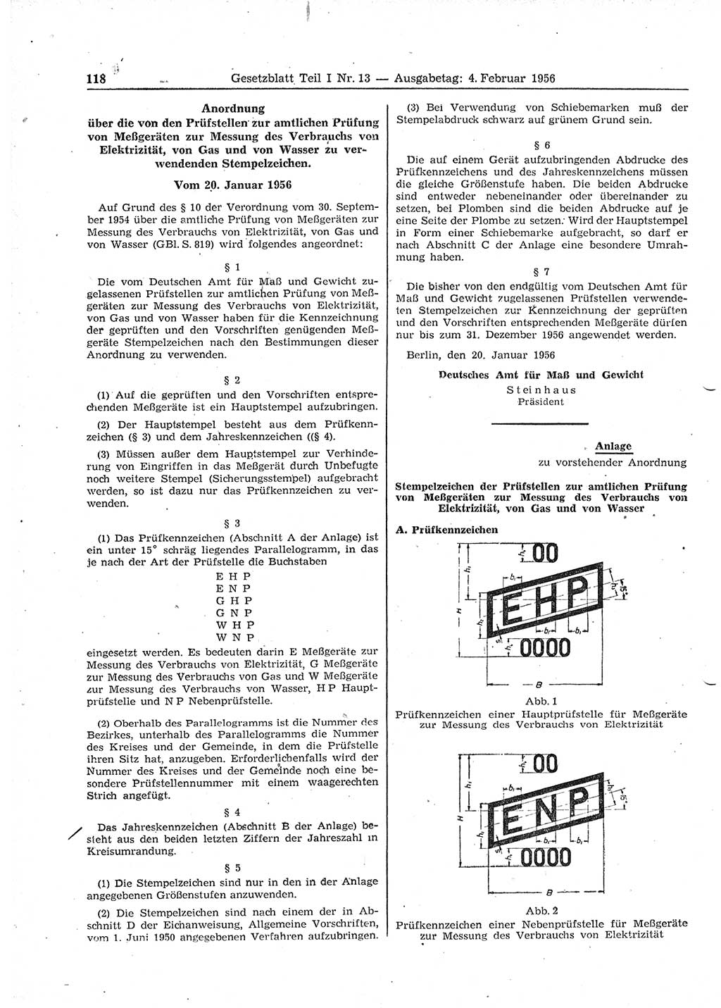Gesetzblatt (GBl.) der Deutschen Demokratischen Republik (DDR) Teil Ⅰ 1956, Seite 118 (GBl. DDR Ⅰ 1956, S. 118)