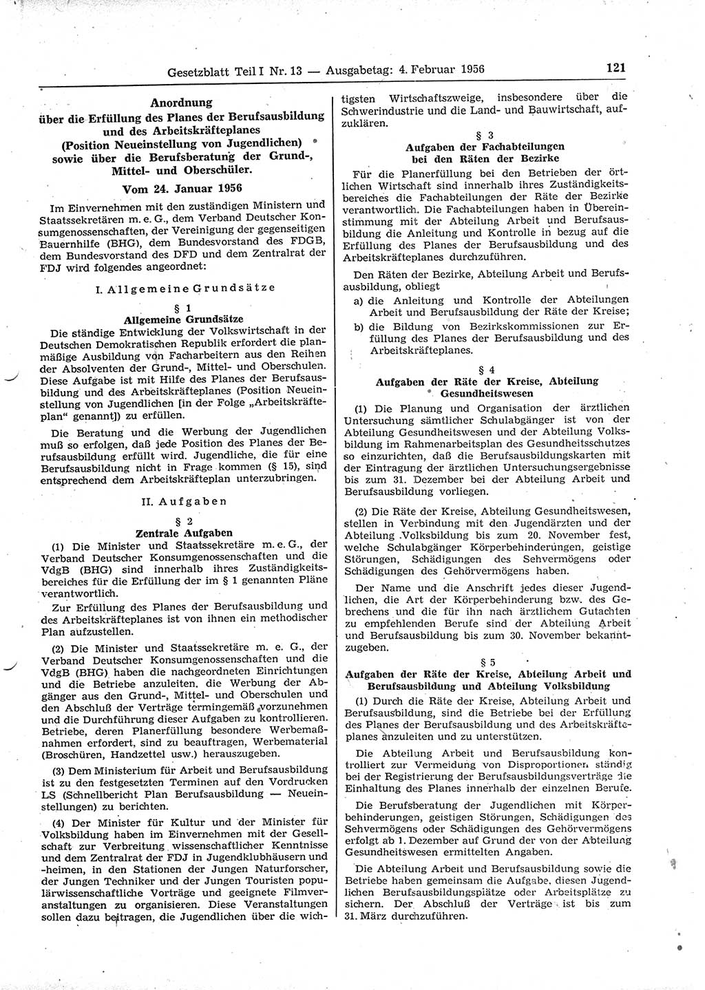 Gesetzblatt (GBl.) der Deutschen Demokratischen Republik (DDR) Teil Ⅰ 1956, Seite 121 (GBl. DDR Ⅰ 1956, S. 121)