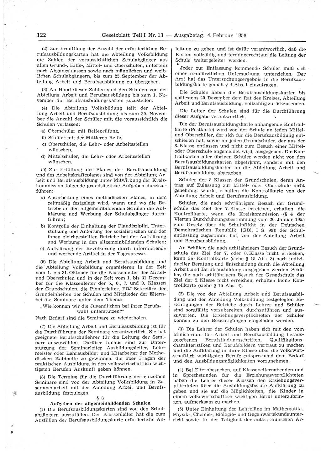 Gesetzblatt (GBl.) der Deutschen Demokratischen Republik (DDR) Teil Ⅰ 1956, Seite 122 (GBl. DDR Ⅰ 1956, S. 122)