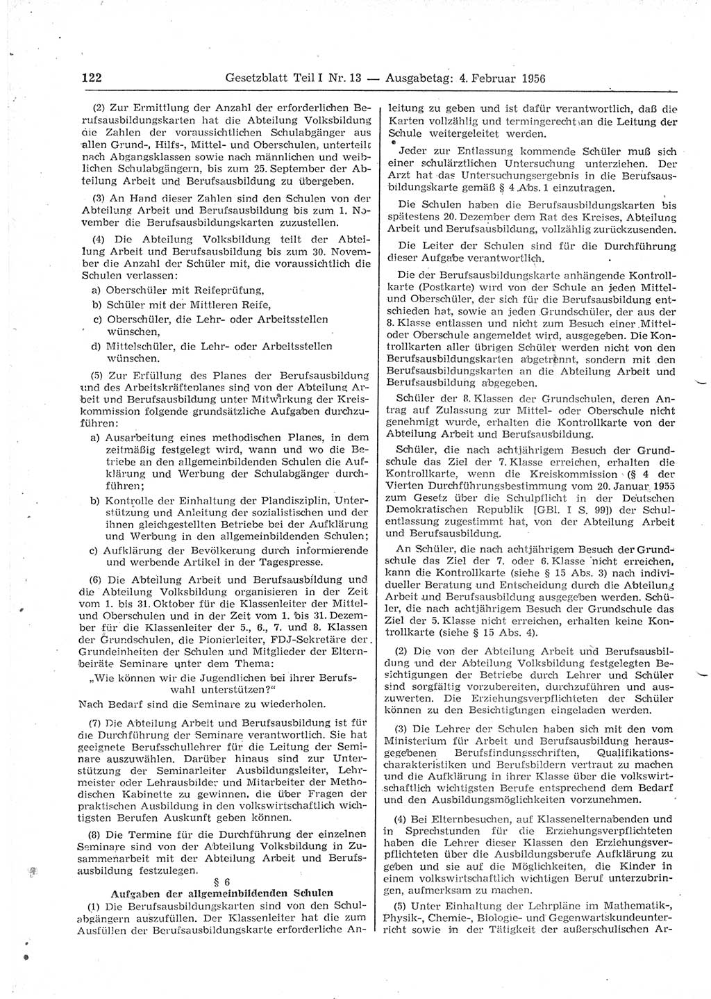Gesetzblatt (GBl.) der Deutschen Demokratischen Republik (DDR) Teil Ⅰ 1956, Seite 122 (GBl. DDR Ⅰ 1956, S. 122)