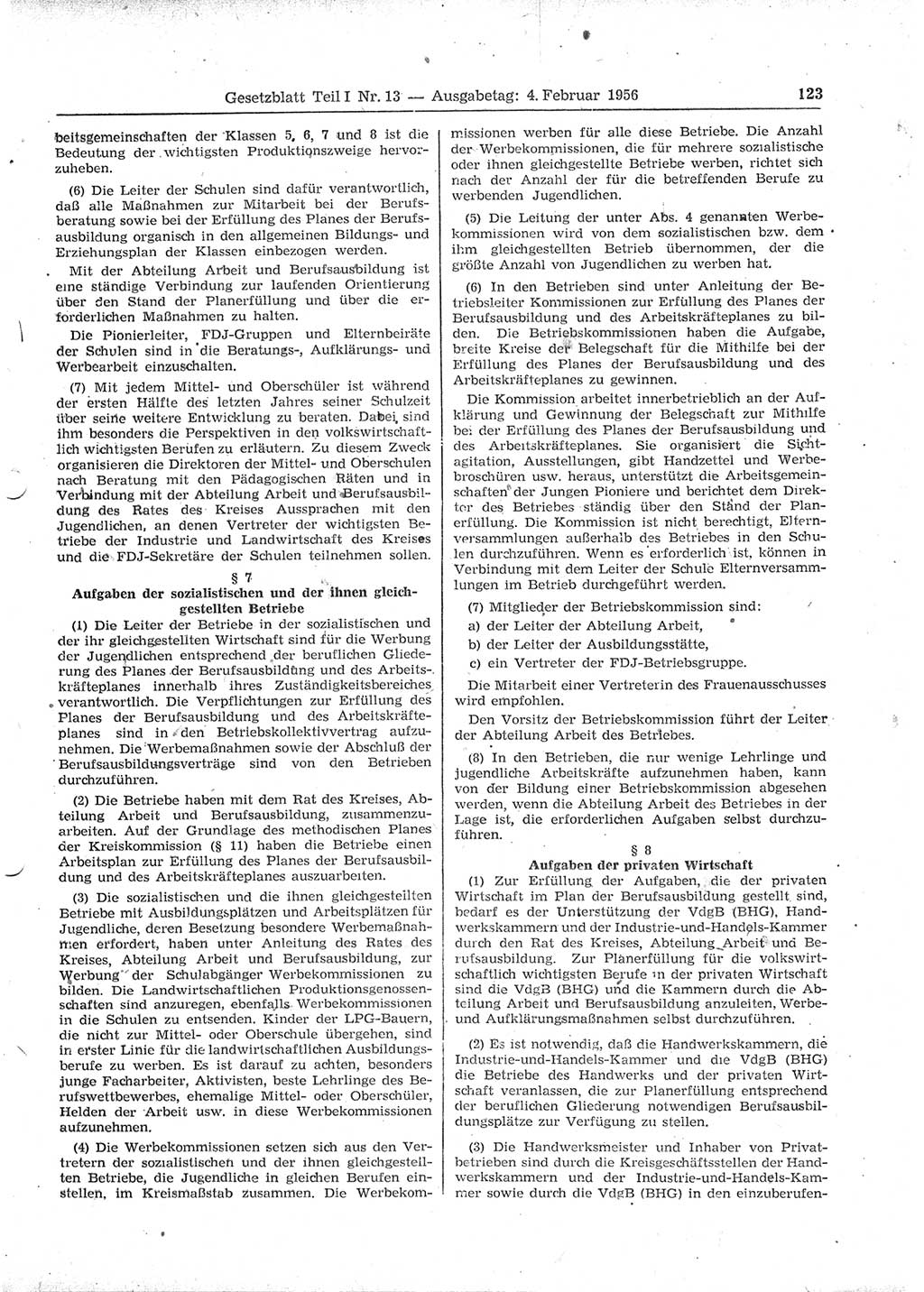 Gesetzblatt (GBl.) der Deutschen Demokratischen Republik (DDR) Teil Ⅰ 1956, Seite 123 (GBl. DDR Ⅰ 1956, S. 123)