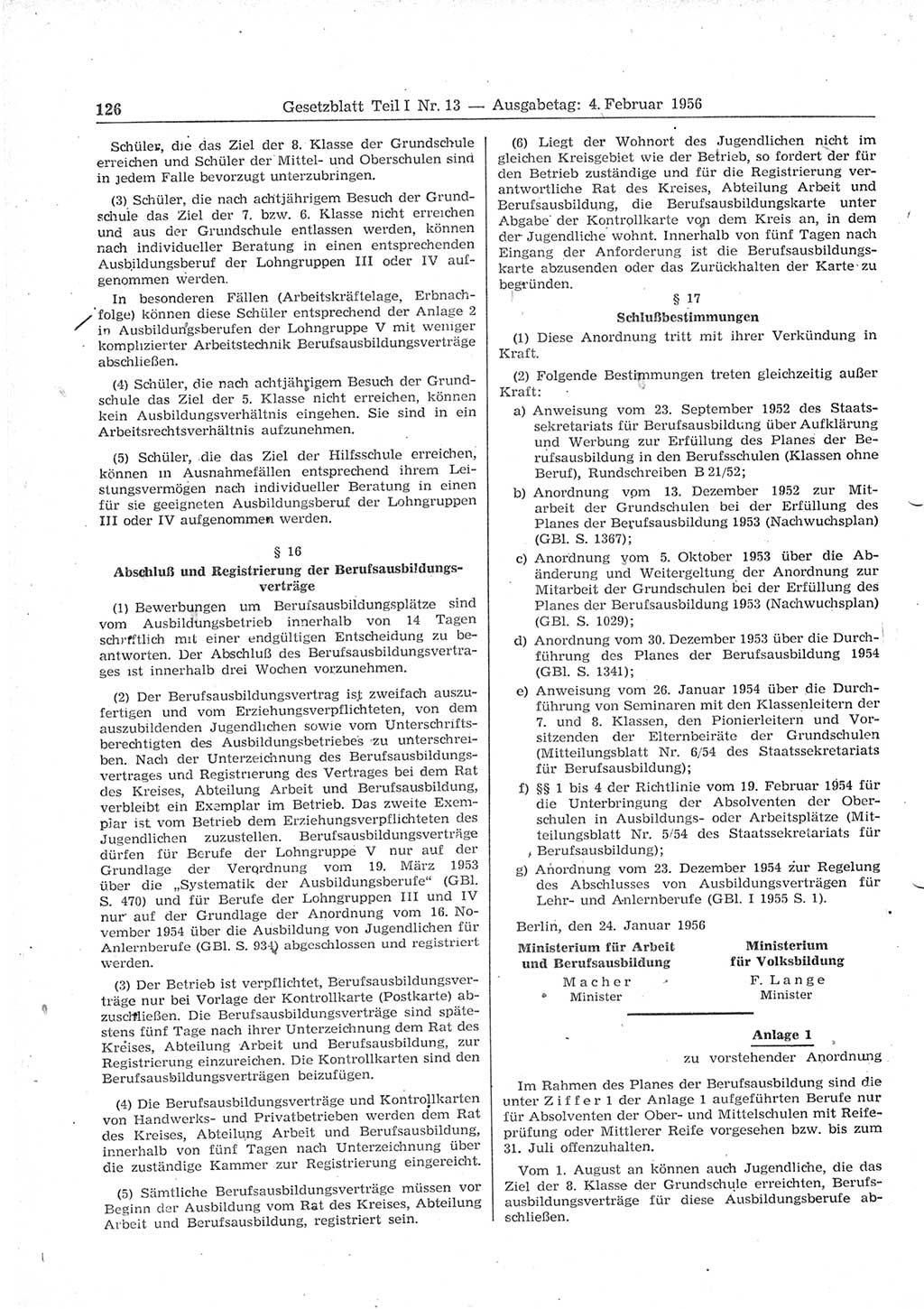 Gesetzblatt (GBl.) der Deutschen Demokratischen Republik (DDR) Teil Ⅰ 1956, Seite 126 (GBl. DDR Ⅰ 1956, S. 126)