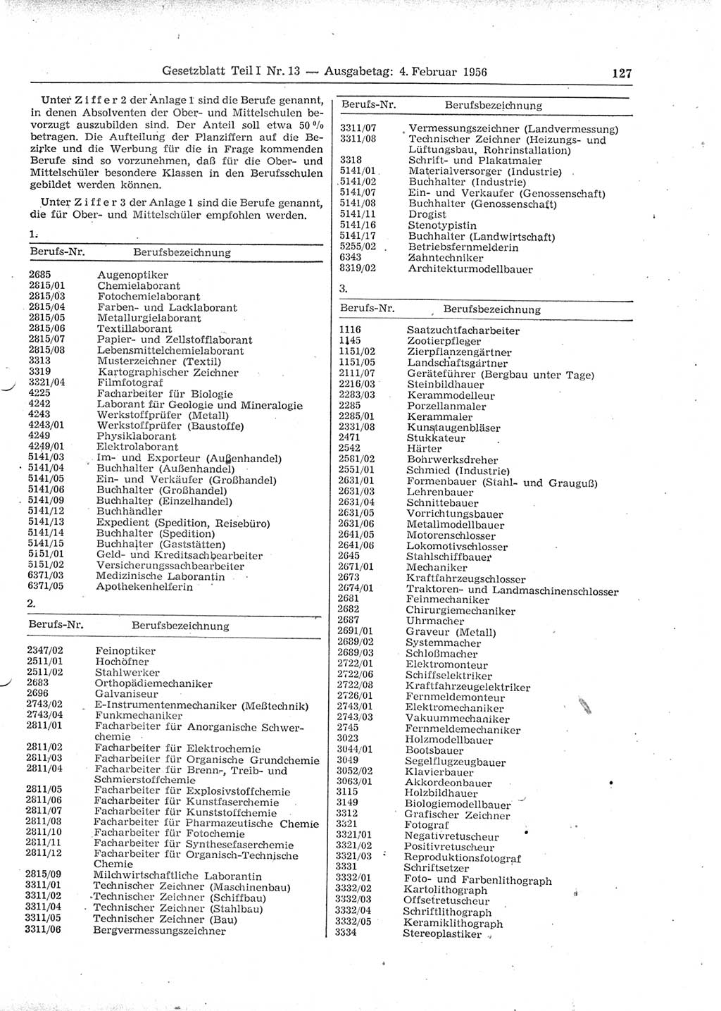 Gesetzblatt (GBl.) der Deutschen Demokratischen Republik (DDR) Teil Ⅰ 1956, Seite 127 (GBl. DDR Ⅰ 1956, S. 127)