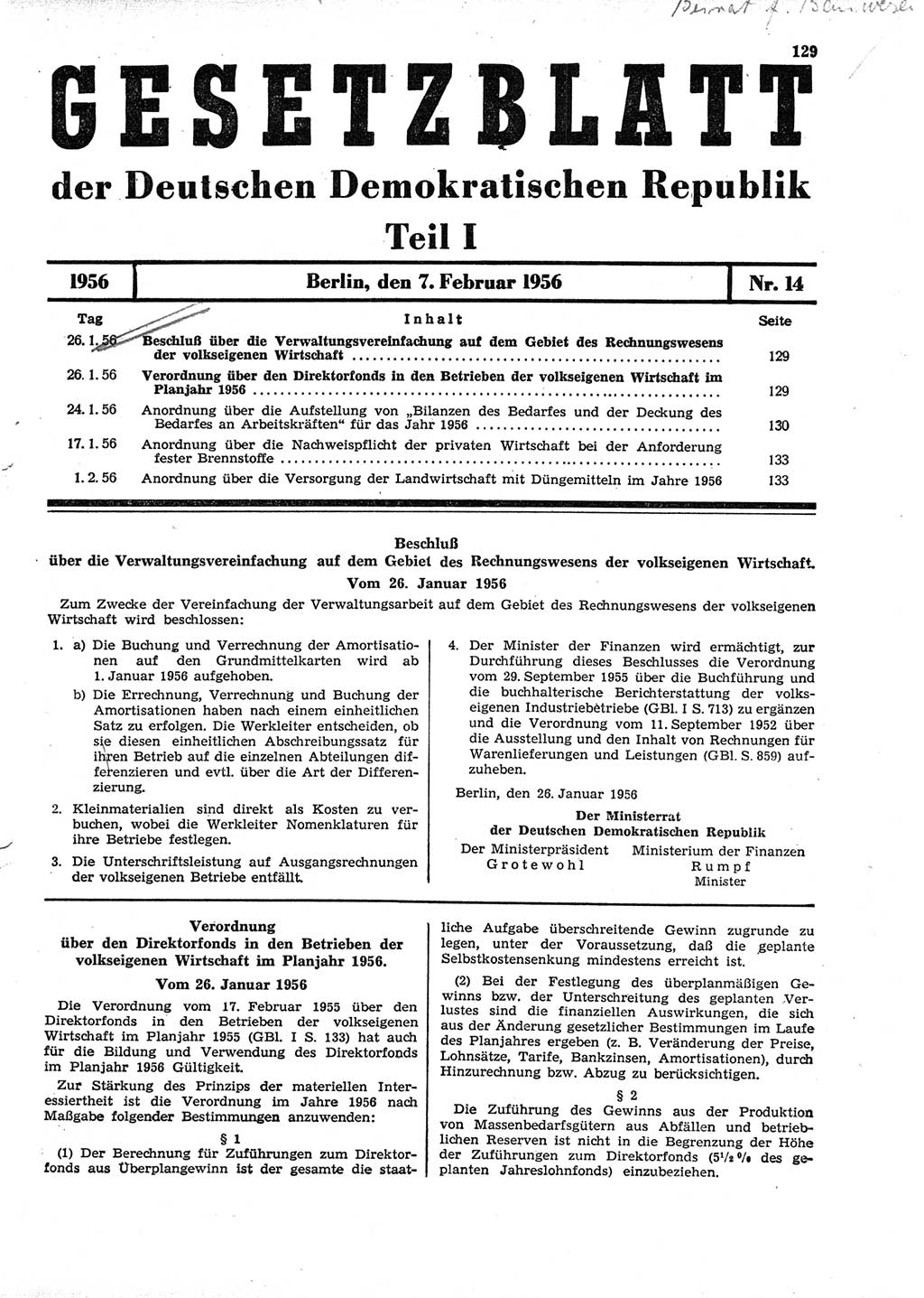 Gesetzblatt (GBl.) der Deutschen Demokratischen Republik (DDR) Teil Ⅰ 1956, Seite 129 (GBl. DDR Ⅰ 1956, S. 129)