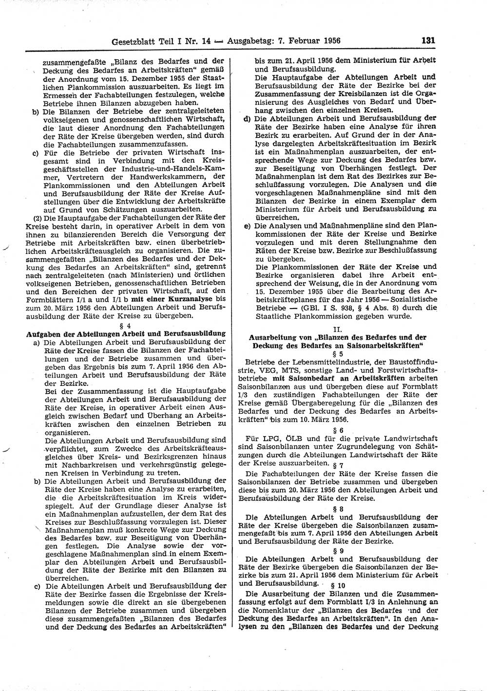 Gesetzblatt (GBl.) der Deutschen Demokratischen Republik (DDR) Teil Ⅰ 1956, Seite 131 (GBl. DDR Ⅰ 1956, S. 131)