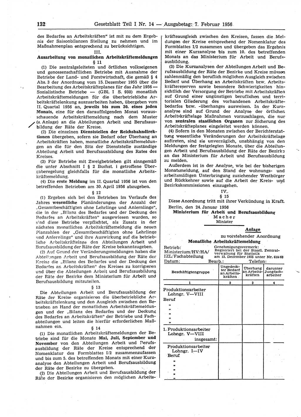 Gesetzblatt (GBl.) der Deutschen Demokratischen Republik (DDR) Teil Ⅰ 1956, Seite 132 (GBl. DDR Ⅰ 1956, S. 132)