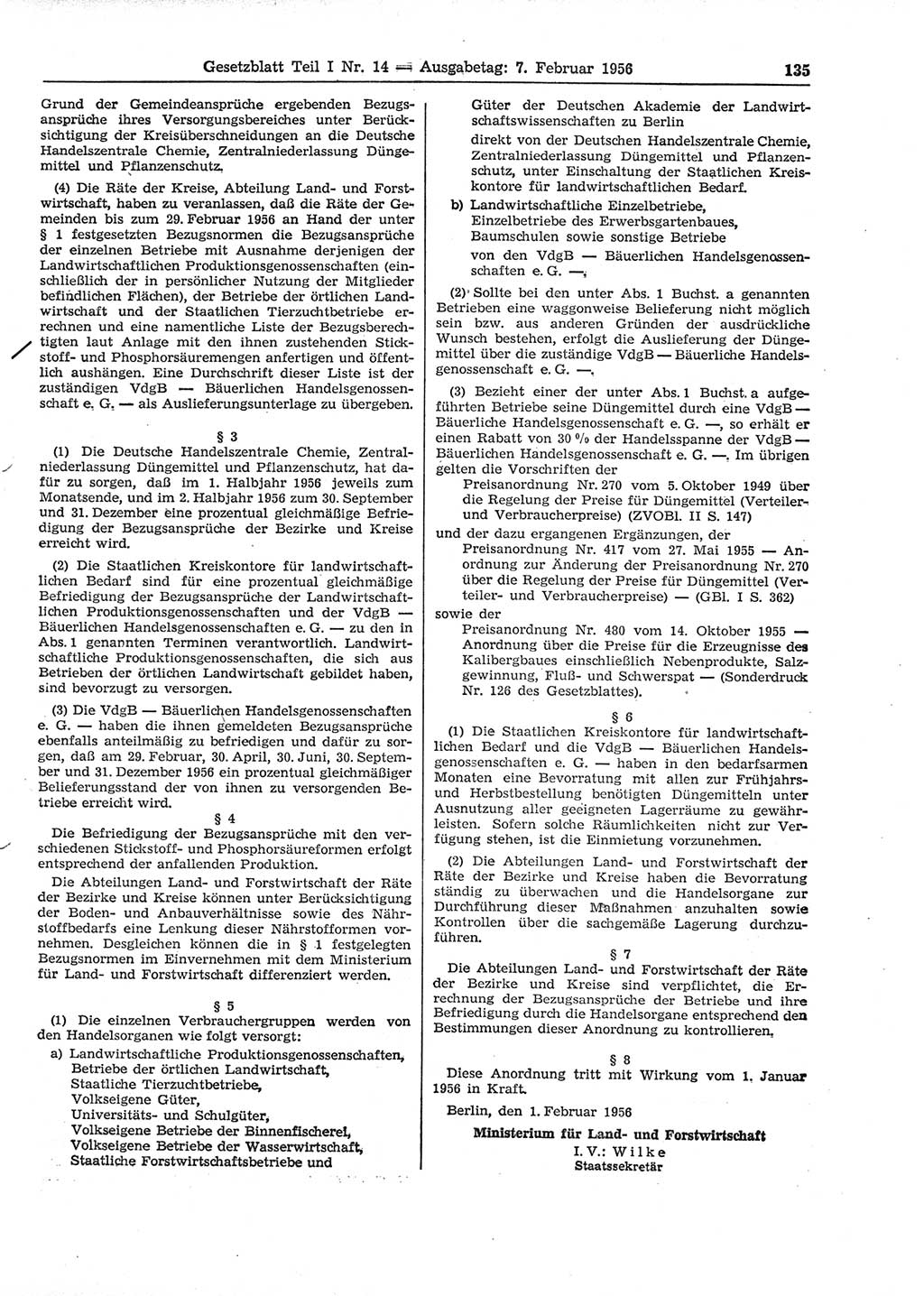Gesetzblatt (GBl.) der Deutschen Demokratischen Republik (DDR) Teil Ⅰ 1956, Seite 135 (GBl. DDR Ⅰ 1956, S. 135)