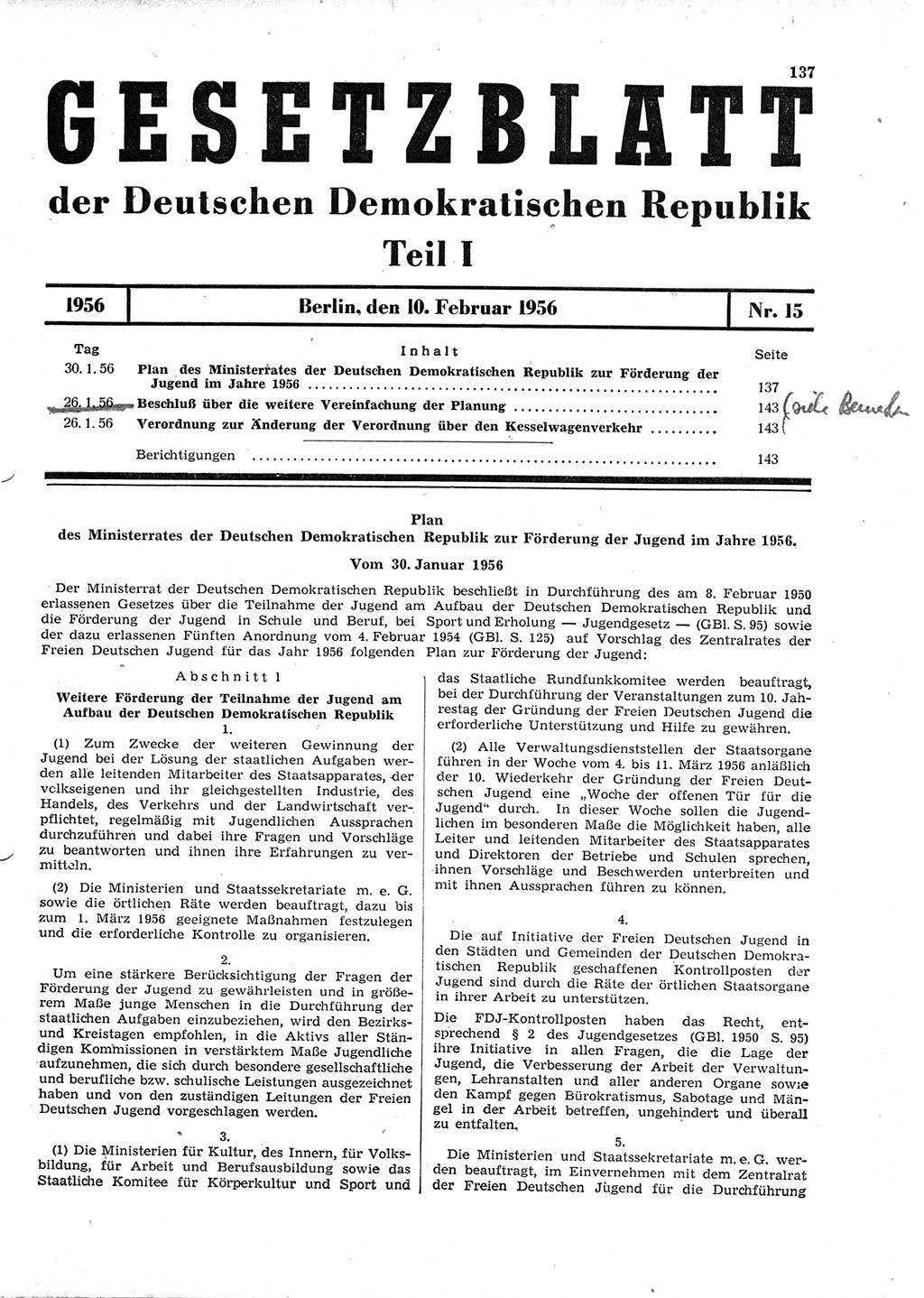 Gesetzblatt (GBl.) der Deutschen Demokratischen Republik (DDR) Teil Ⅰ 1956, Seite 137 (GBl. DDR Ⅰ 1956, S. 137)