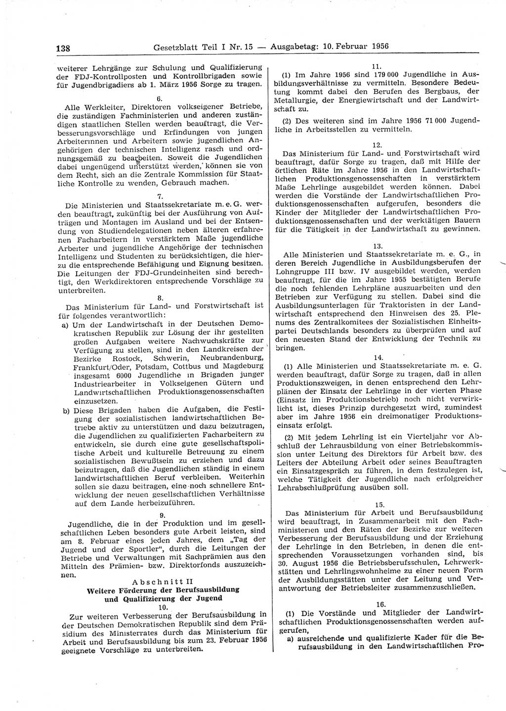 Gesetzblatt (GBl.) der Deutschen Demokratischen Republik (DDR) Teil Ⅰ 1956, Seite 138 (GBl. DDR Ⅰ 1956, S. 138)
