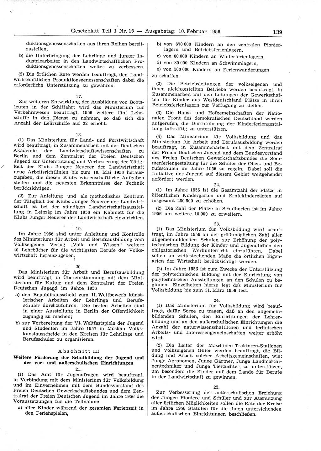 Gesetzblatt (GBl.) der Deutschen Demokratischen Republik (DDR) Teil Ⅰ 1956, Seite 139 (GBl. DDR Ⅰ 1956, S. 139)