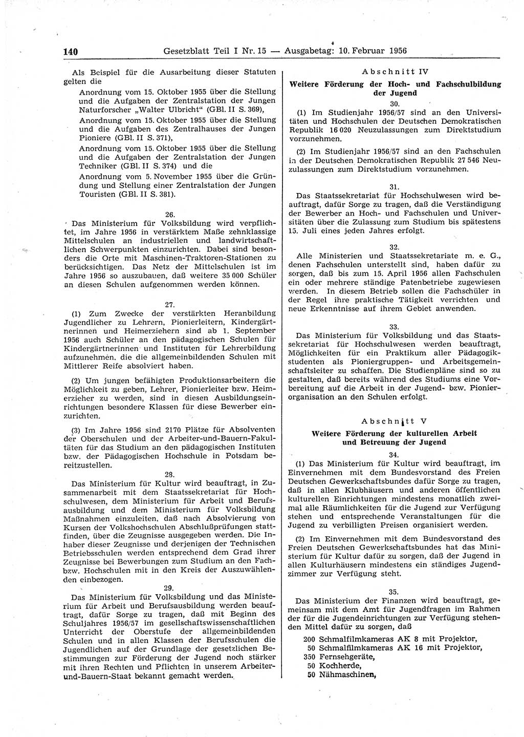 Gesetzblatt (GBl.) der Deutschen Demokratischen Republik (DDR) Teil Ⅰ 1956, Seite 140 (GBl. DDR Ⅰ 1956, S. 140)