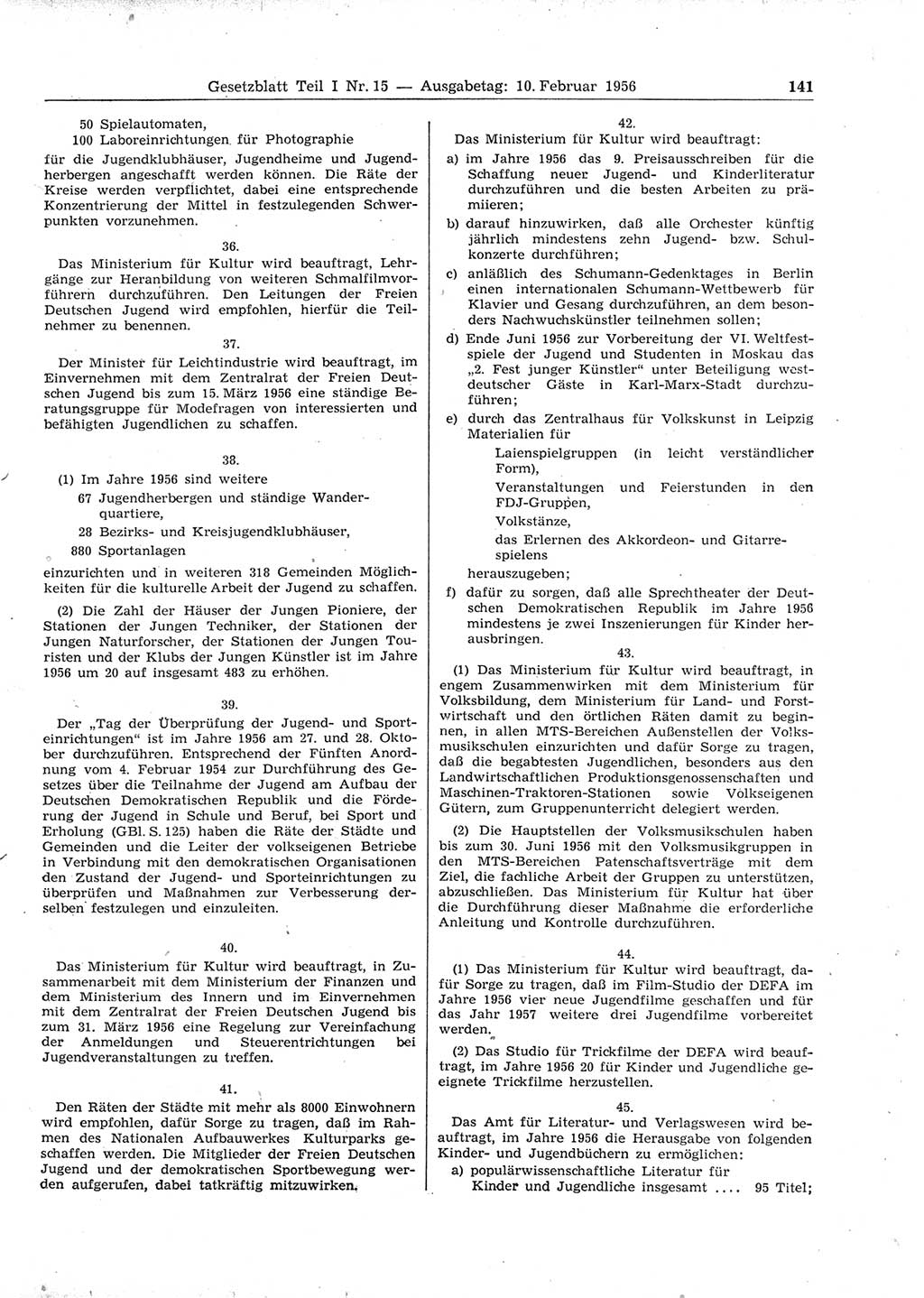 Gesetzblatt (GBl.) der Deutschen Demokratischen Republik (DDR) Teil Ⅰ 1956, Seite 141 (GBl. DDR Ⅰ 1956, S. 141)