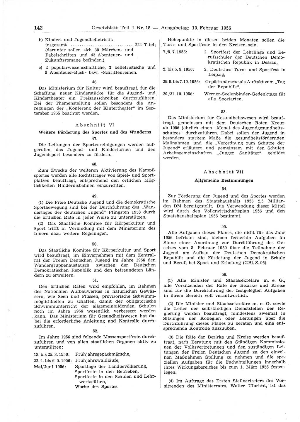Gesetzblatt (GBl.) der Deutschen Demokratischen Republik (DDR) Teil Ⅰ 1956, Seite 142 (GBl. DDR Ⅰ 1956, S. 142)