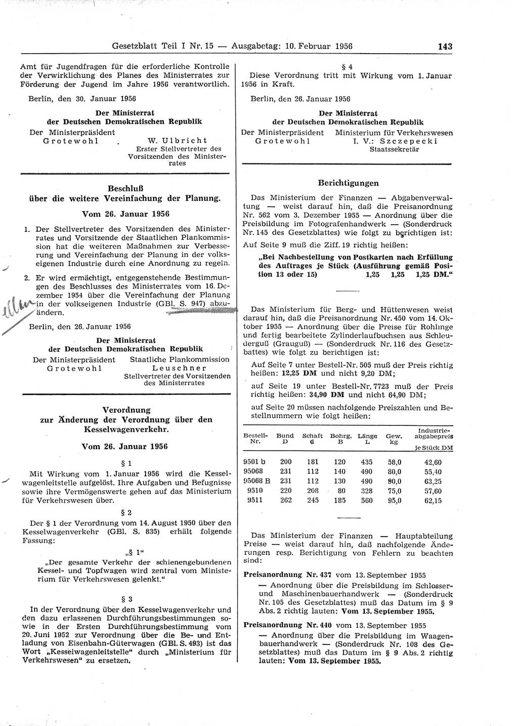 Gesetzblatt (GBl.) der Deutschen Demokratischen Republik (DDR) Teil Ⅰ 1956, Seite 143 (GBl. DDR Ⅰ 1956, S. 143)