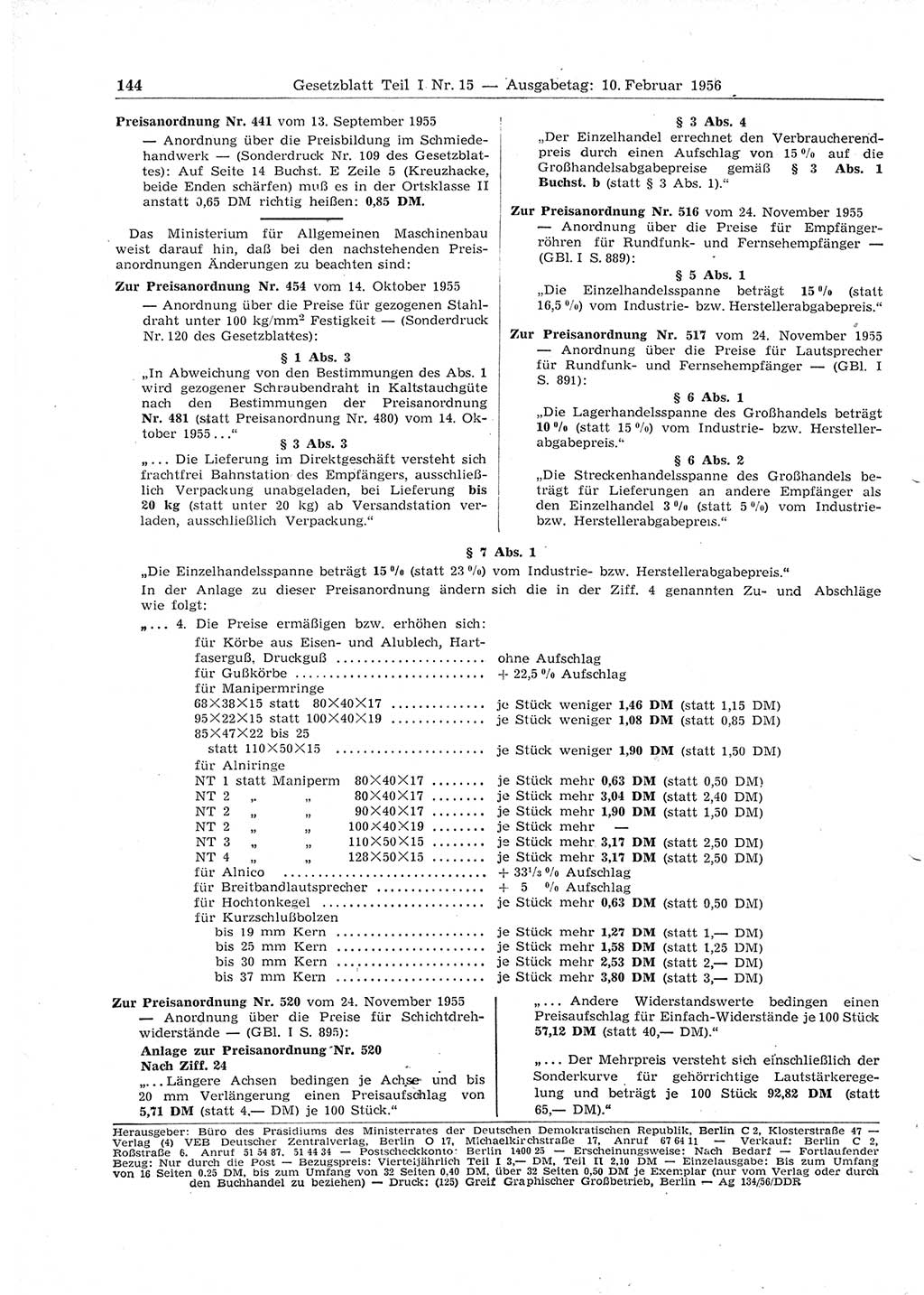 Gesetzblatt (GBl.) der Deutschen Demokratischen Republik (DDR) Teil Ⅰ 1956, Seite 144 (GBl. DDR Ⅰ 1956, S. 144)