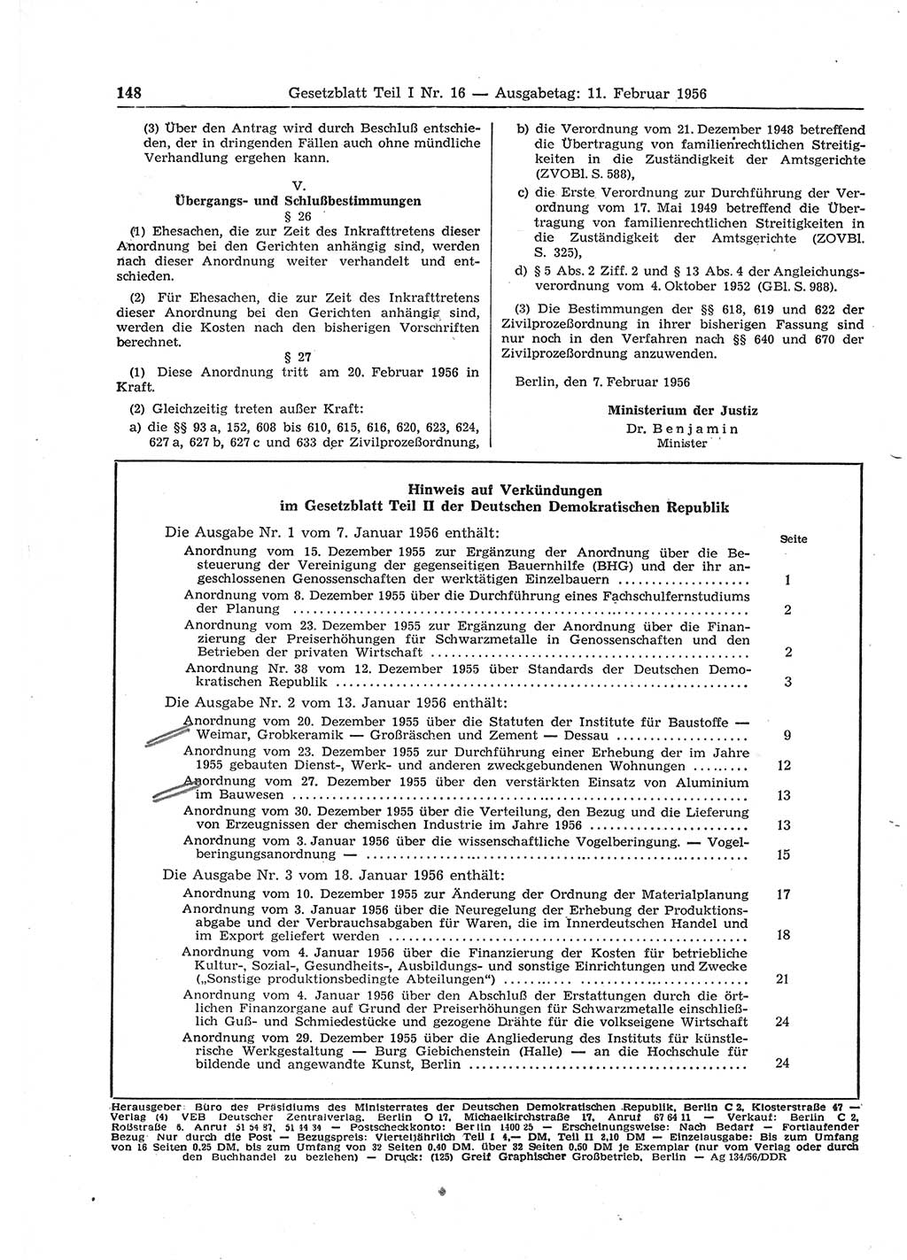 Gesetzblatt (GBl.) der Deutschen Demokratischen Republik (DDR) Teil Ⅰ 1956, Seite 148 (GBl. DDR Ⅰ 1956, S. 148)