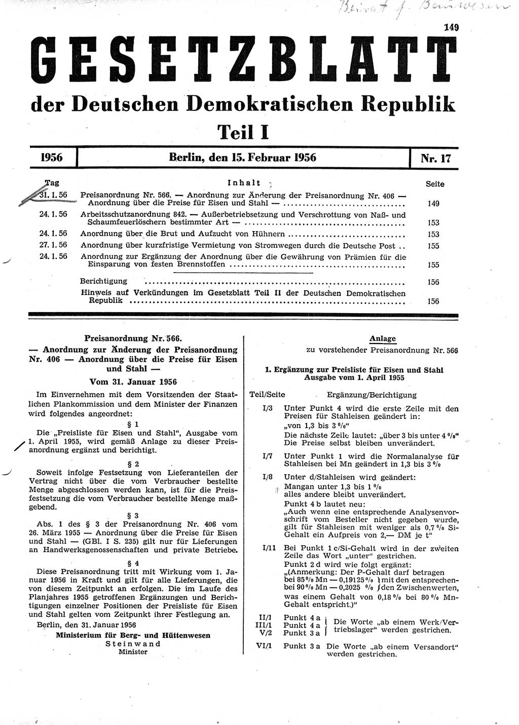 Gesetzblatt (GBl.) der Deutschen Demokratischen Republik (DDR) Teil Ⅰ 1956, Seite 149 (GBl. DDR Ⅰ 1956, S. 149)