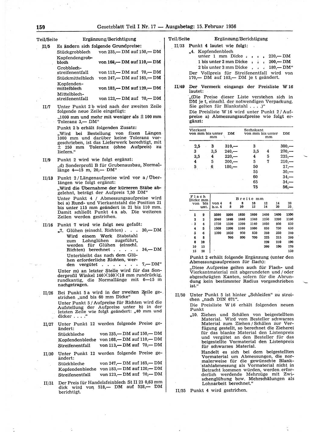 Gesetzblatt (GBl.) der Deutschen Demokratischen Republik (DDR) Teil Ⅰ 1956, Seite 150 (GBl. DDR Ⅰ 1956, S. 150)