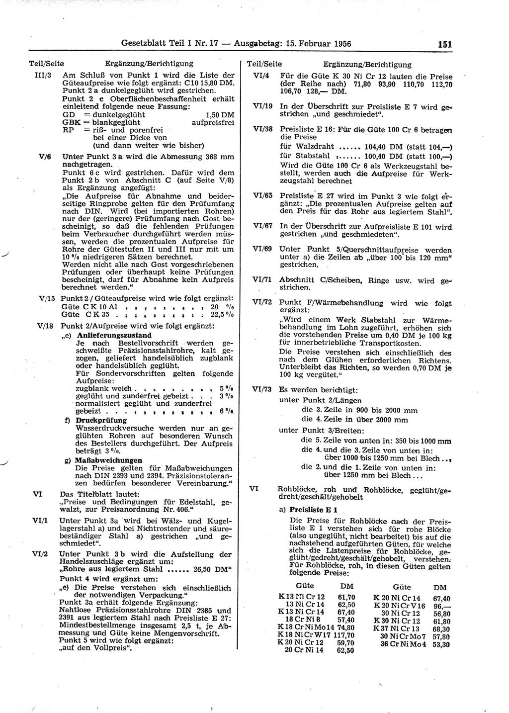 Gesetzblatt (GBl.) der Deutschen Demokratischen Republik (DDR) Teil Ⅰ 1956, Seite 151 (GBl. DDR Ⅰ 1956, S. 151)