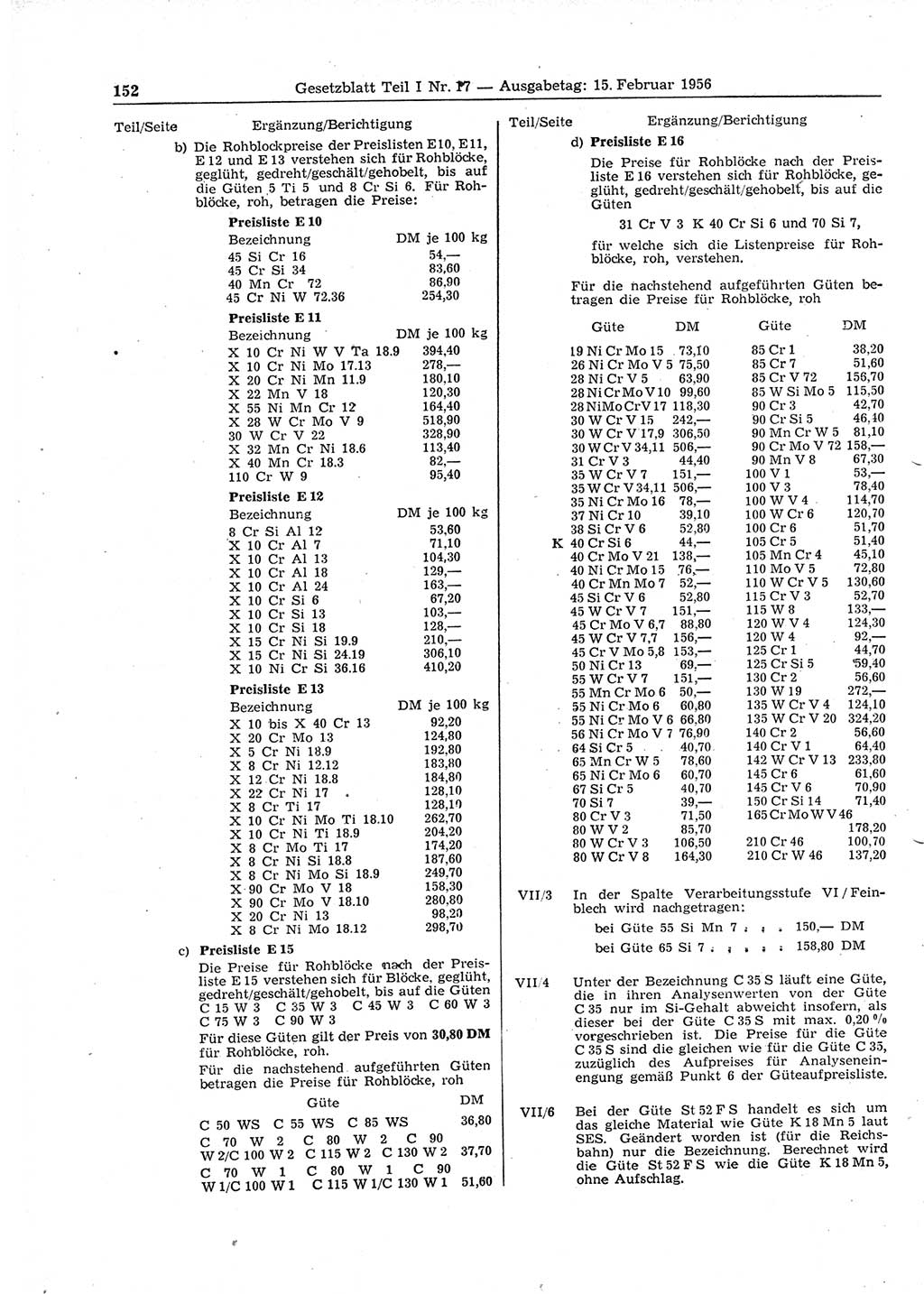 Gesetzblatt (GBl.) der Deutschen Demokratischen Republik (DDR) Teil Ⅰ 1956, Seite 152 (GBl. DDR Ⅰ 1956, S. 152)
