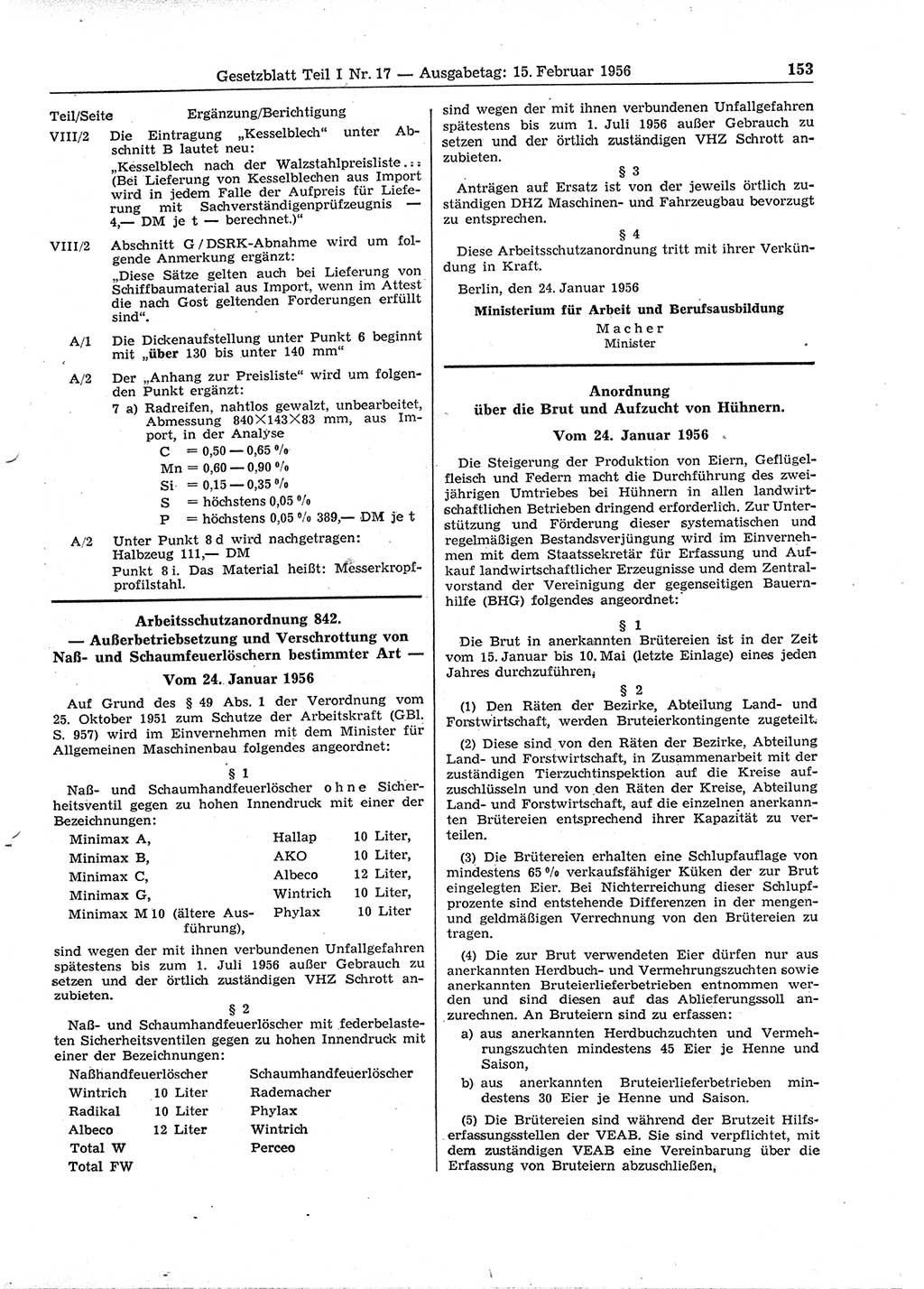 Gesetzblatt (GBl.) der Deutschen Demokratischen Republik (DDR) Teil Ⅰ 1956, Seite 153 (GBl. DDR Ⅰ 1956, S. 153)