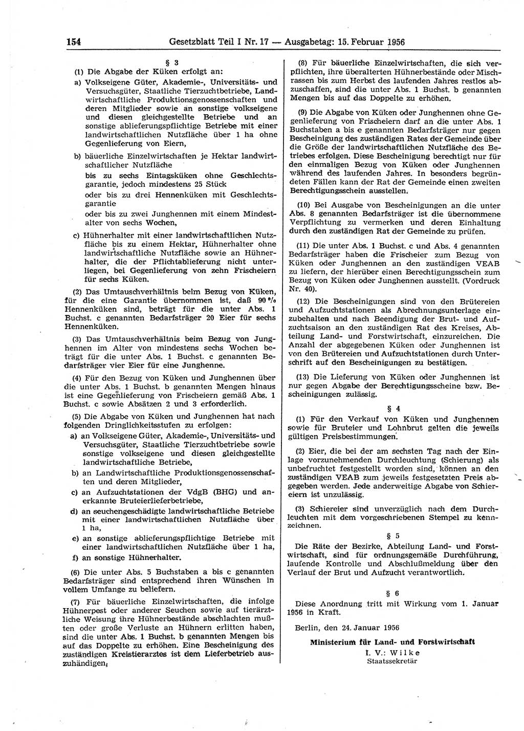 Gesetzblatt (GBl.) der Deutschen Demokratischen Republik (DDR) Teil Ⅰ 1956, Seite 154 (GBl. DDR Ⅰ 1956, S. 154)