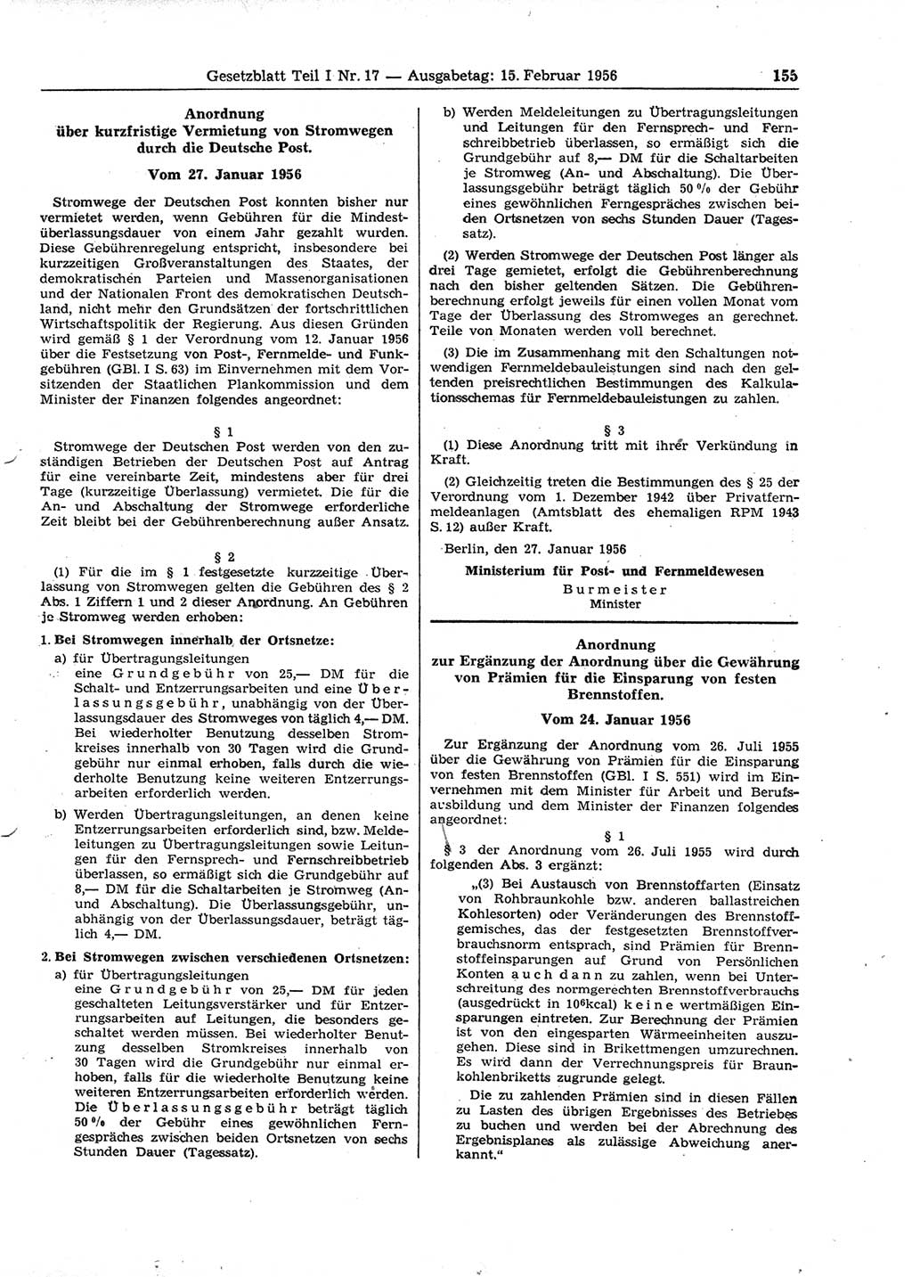 Gesetzblatt (GBl.) der Deutschen Demokratischen Republik (DDR) Teil Ⅰ 1956, Seite 155 (GBl. DDR Ⅰ 1956, S. 155)