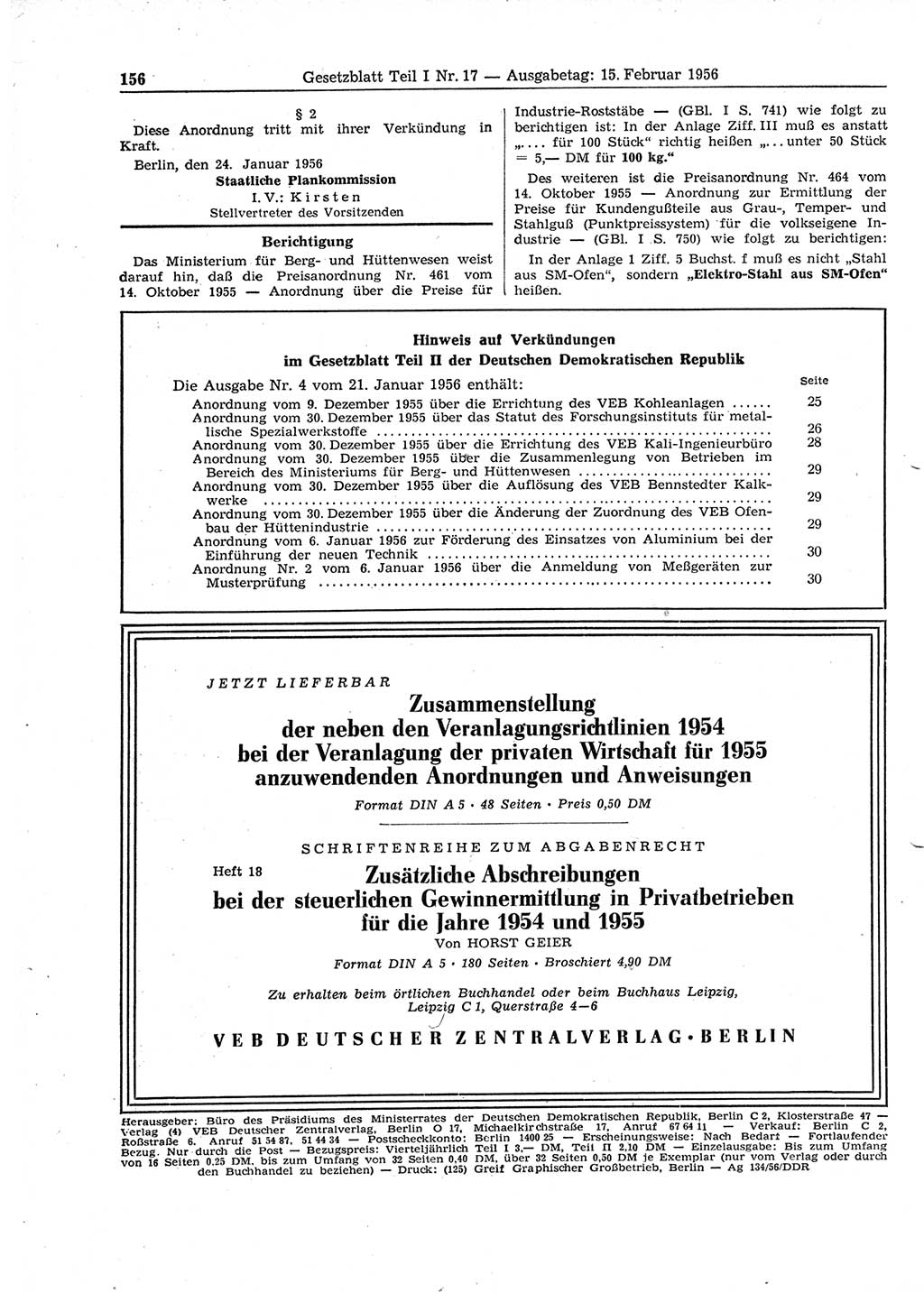 Gesetzblatt (GBl.) der Deutschen Demokratischen Republik (DDR) Teil Ⅰ 1956, Seite 156 (GBl. DDR Ⅰ 1956, S. 156)