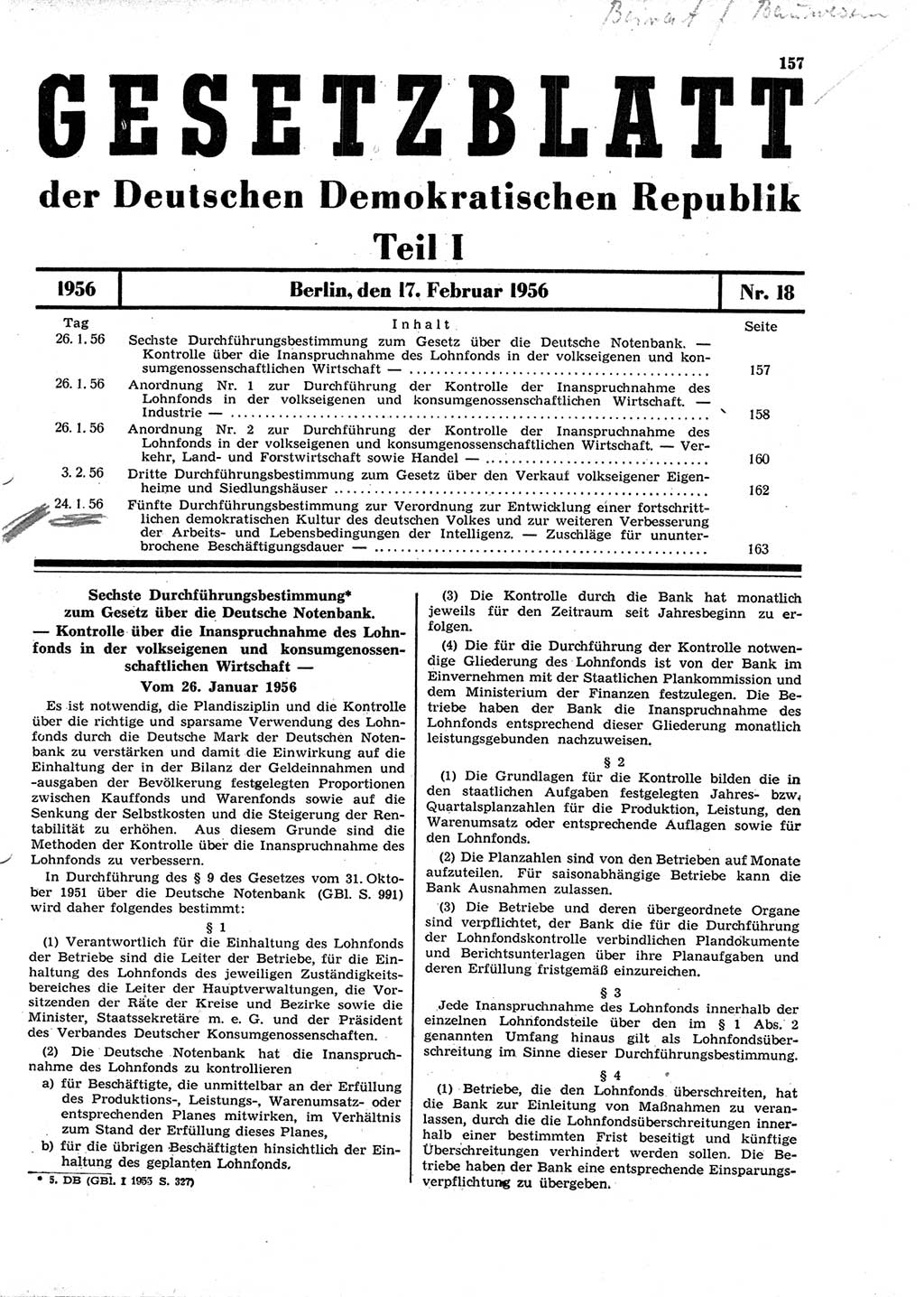 Gesetzblatt (GBl.) der Deutschen Demokratischen Republik (DDR) Teil Ⅰ 1956, Seite 157 (GBl. DDR Ⅰ 1956, S. 157)