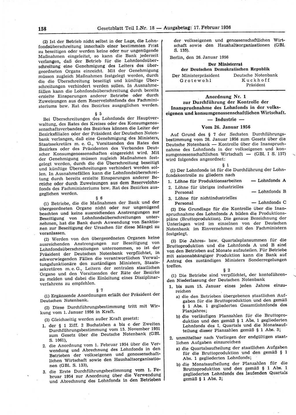 Gesetzblatt (GBl.) der Deutschen Demokratischen Republik (DDR) Teil Ⅰ 1956, Seite 158 (GBl. DDR Ⅰ 1956, S. 158)