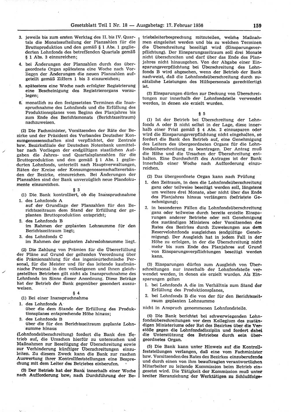 Gesetzblatt (GBl.) der Deutschen Demokratischen Republik (DDR) Teil Ⅰ 1956, Seite 159 (GBl. DDR Ⅰ 1956, S. 159)