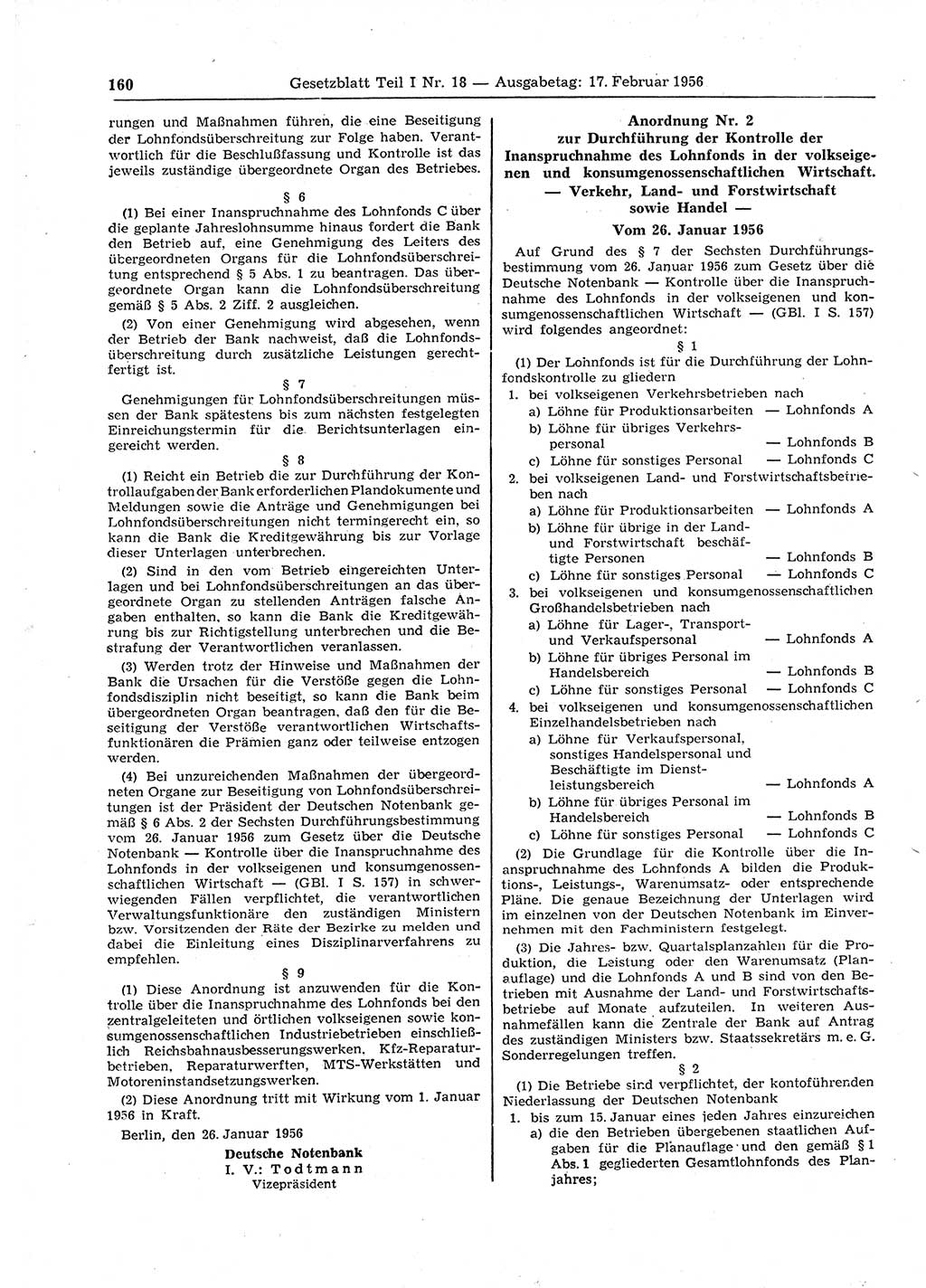 Gesetzblatt (GBl.) der Deutschen Demokratischen Republik (DDR) Teil Ⅰ 1956, Seite 160 (GBl. DDR Ⅰ 1956, S. 160)