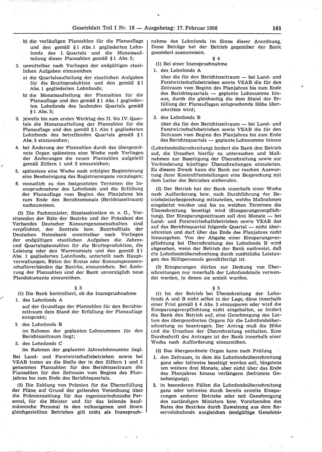 Gesetzblatt (GBl.) der Deutschen Demokratischen Republik (DDR) Teil Ⅰ 1956, Seite 161 (GBl. DDR Ⅰ 1956, S. 161)