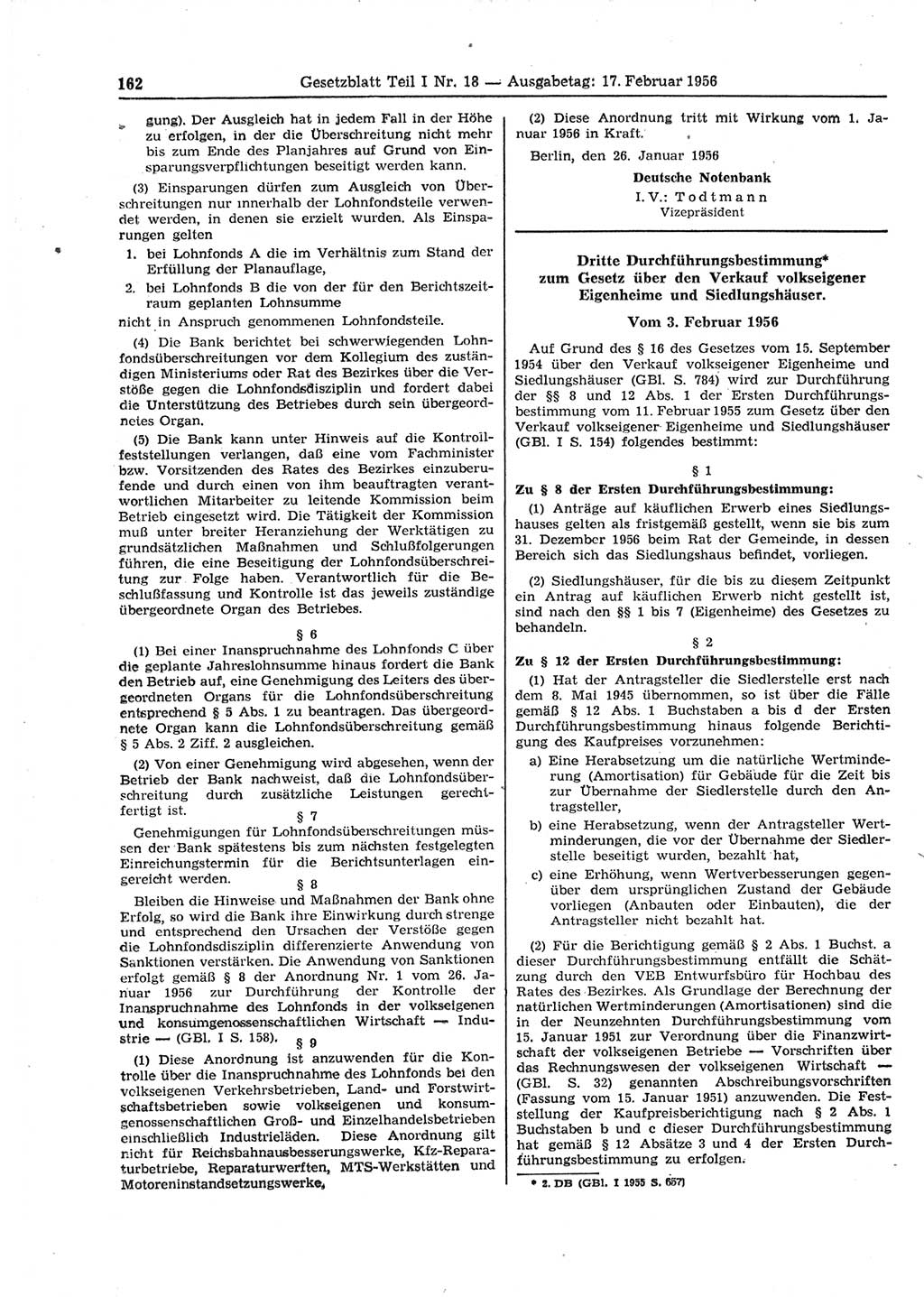 Gesetzblatt (GBl.) der Deutschen Demokratischen Republik (DDR) Teil Ⅰ 1956, Seite 162 (GBl. DDR Ⅰ 1956, S. 162)
