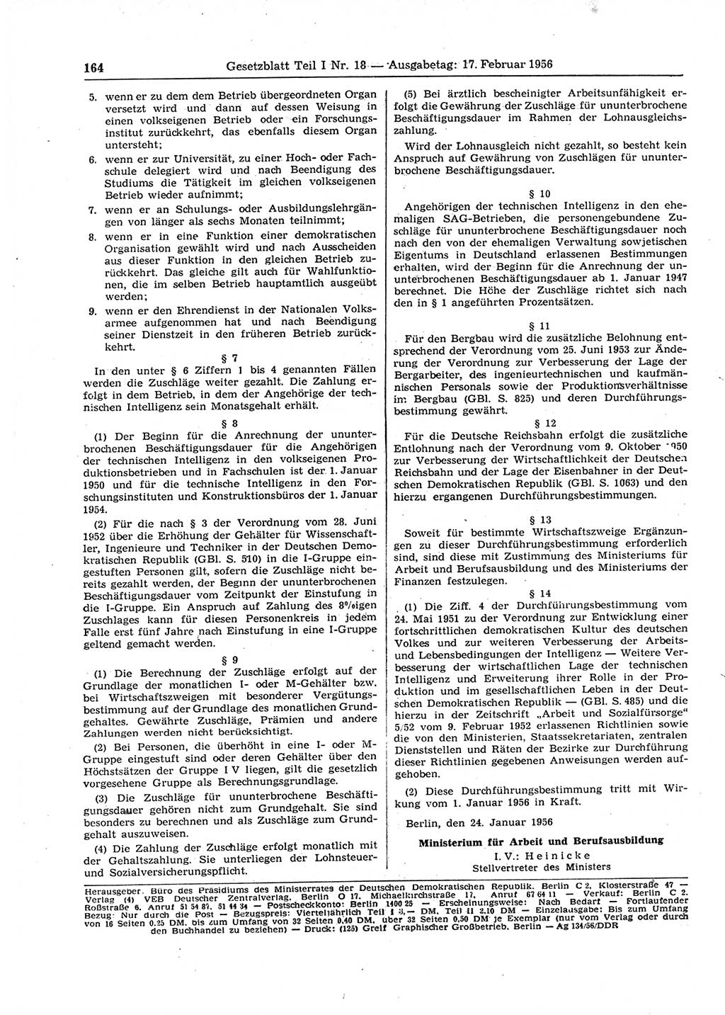 Gesetzblatt (GBl.) der Deutschen Demokratischen Republik (DDR) Teil Ⅰ 1956, Seite 164 (GBl. DDR Ⅰ 1956, S. 164)