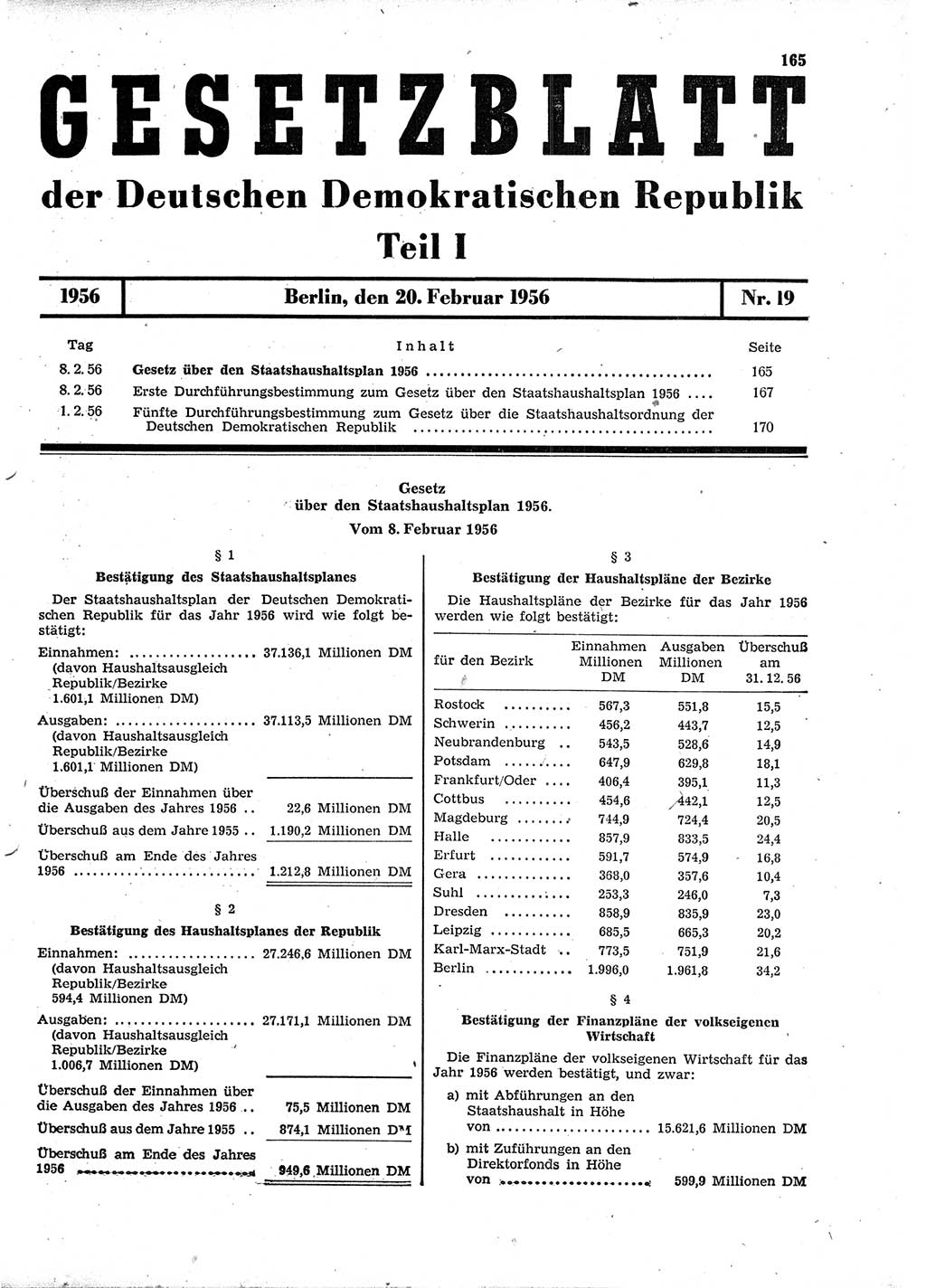 Gesetzblatt (GBl.) der Deutschen Demokratischen Republik (DDR) Teil Ⅰ 1956, Seite 165 (GBl. DDR Ⅰ 1956, S. 165)