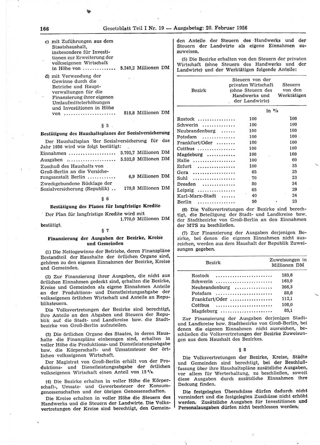 Gesetzblatt (GBl.) der Deutschen Demokratischen Republik (DDR) Teil Ⅰ 1956, Seite 166 (GBl. DDR Ⅰ 1956, S. 166)
