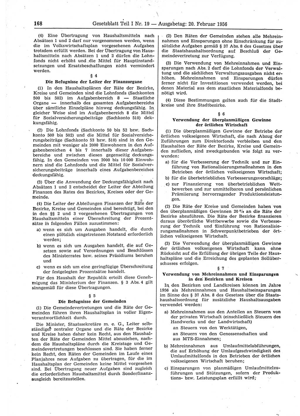 Gesetzblatt (GBl.) der Deutschen Demokratischen Republik (DDR) Teil Ⅰ 1956, Seite 168 (GBl. DDR Ⅰ 1956, S. 168)